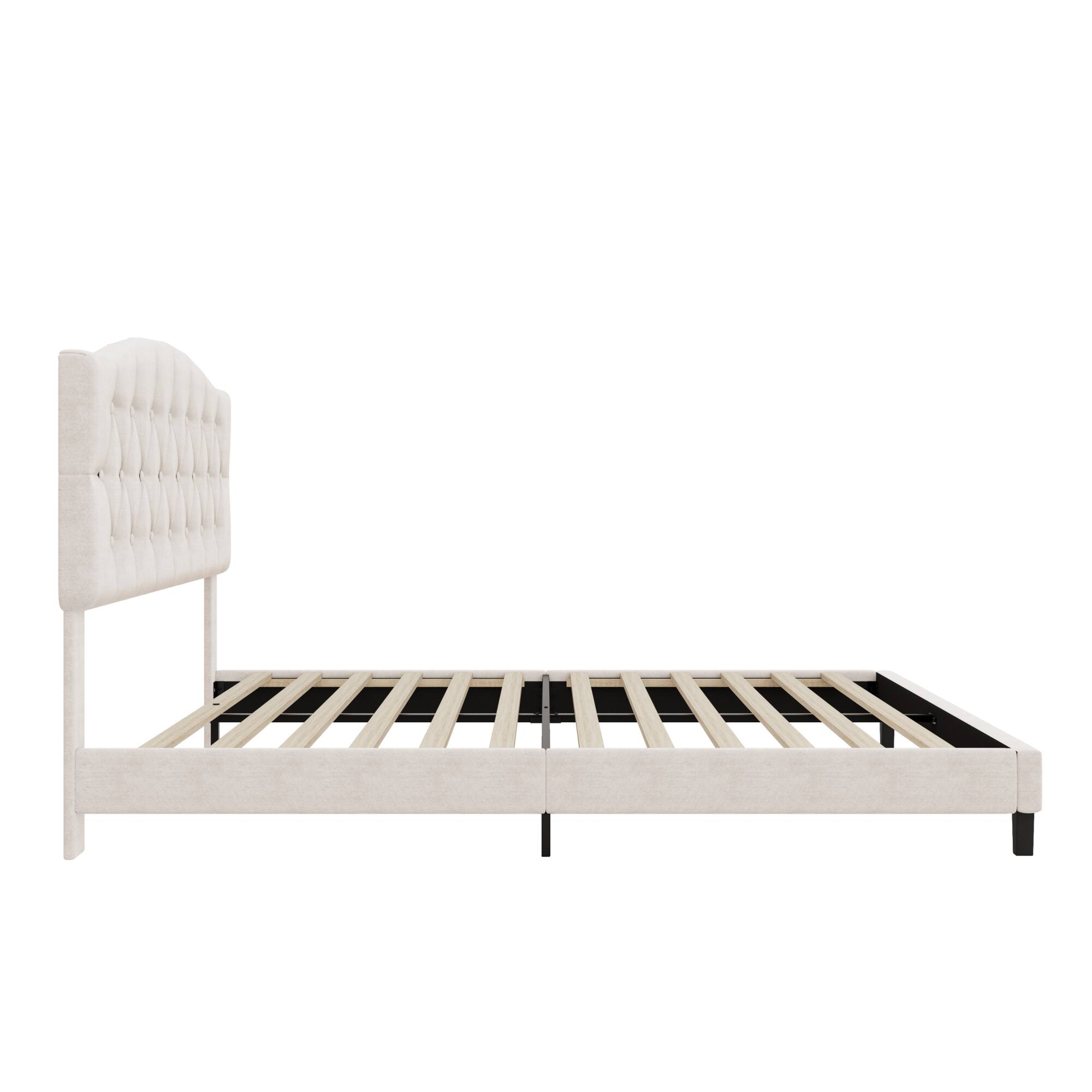 Alt View 6. GOODSILO - Upholstered Platform Bed with Adjustable Headboard and Diamond Tufted Details, Wooden Slats and Metal Support - Beige.