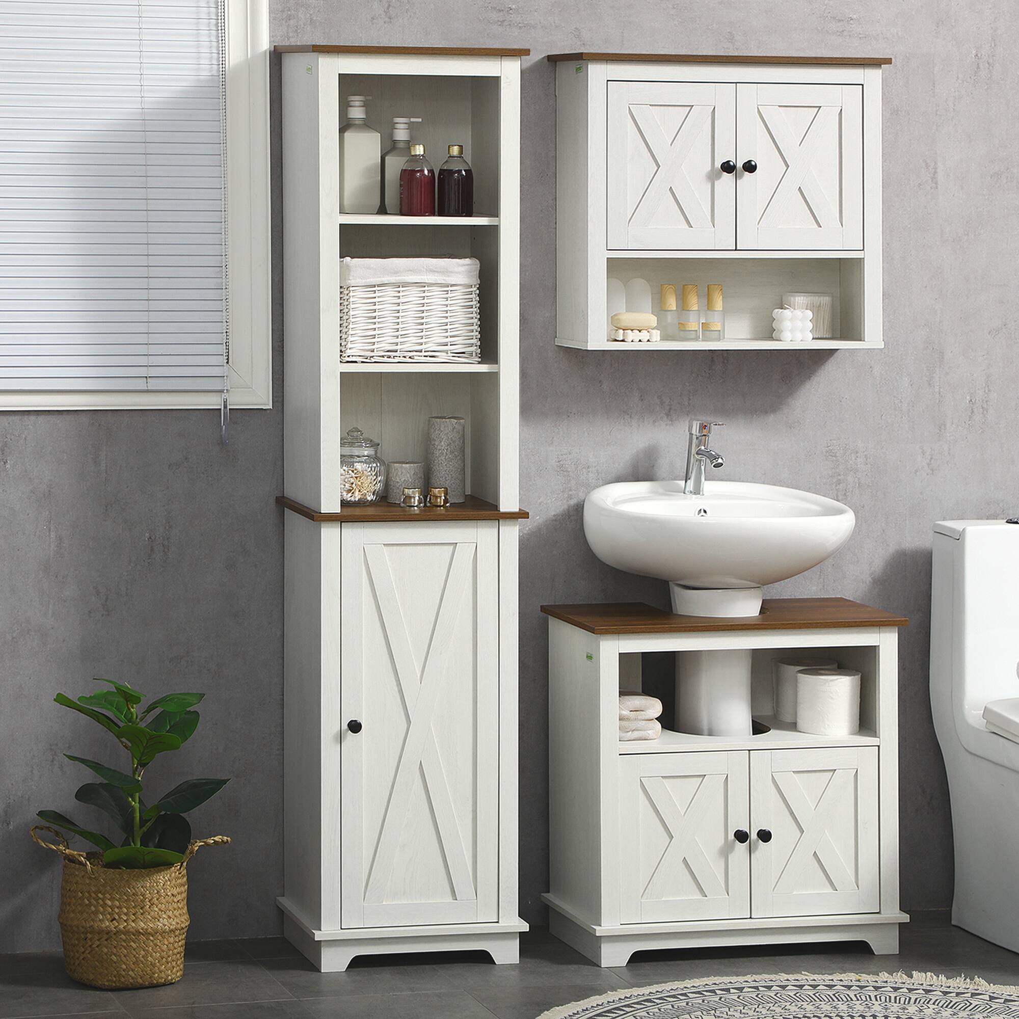 Alt View 1. Kleankin - Slim Bathroom Storage Cabinet with Triple Open Shelves, Freestanding Linen Tower with Door and Adjustable Shelves - White.