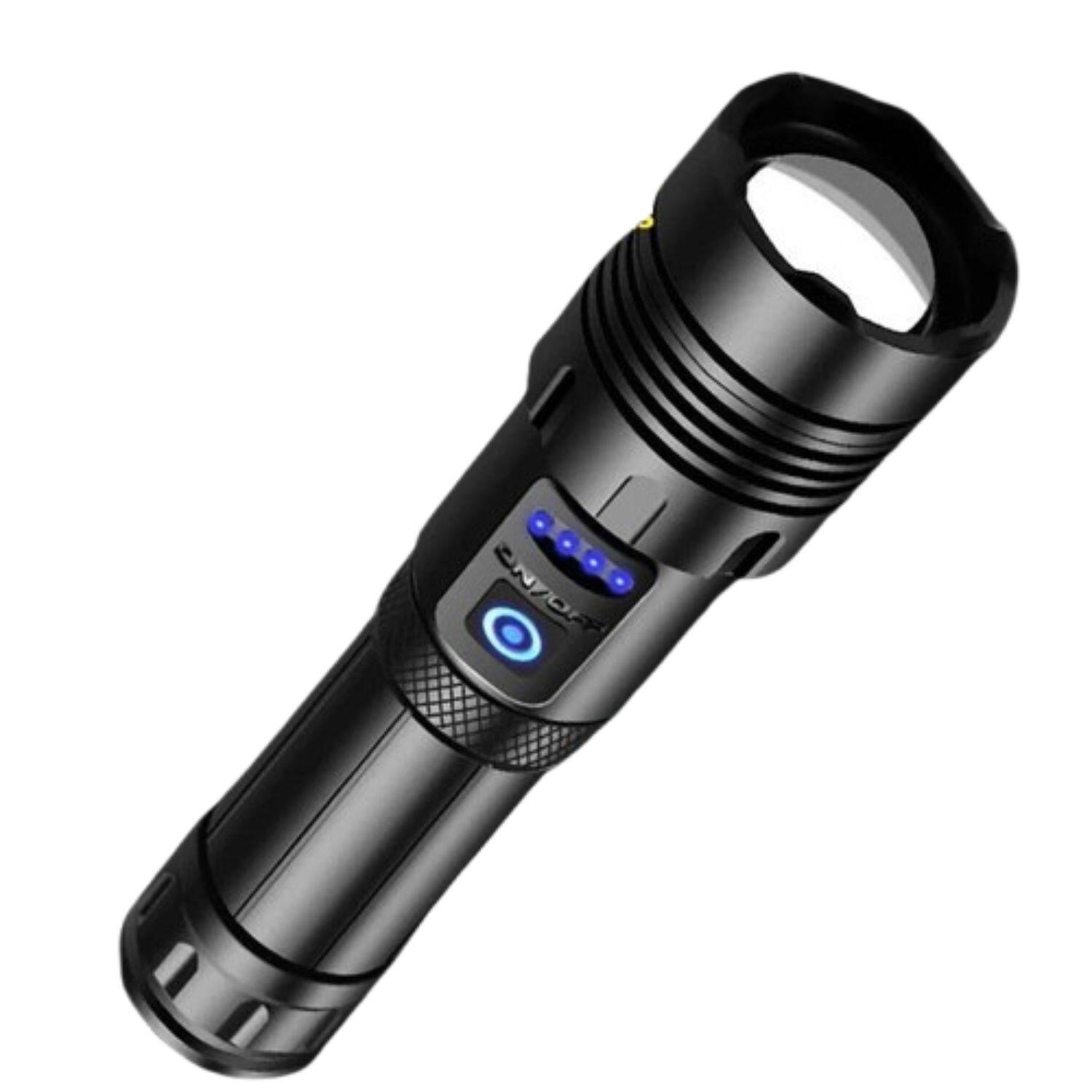Front. Stock Preferred - Super Bright Tactical Police LED Flashlight – Zoomable, Rechargeable, 7 Modes, Waterproof.