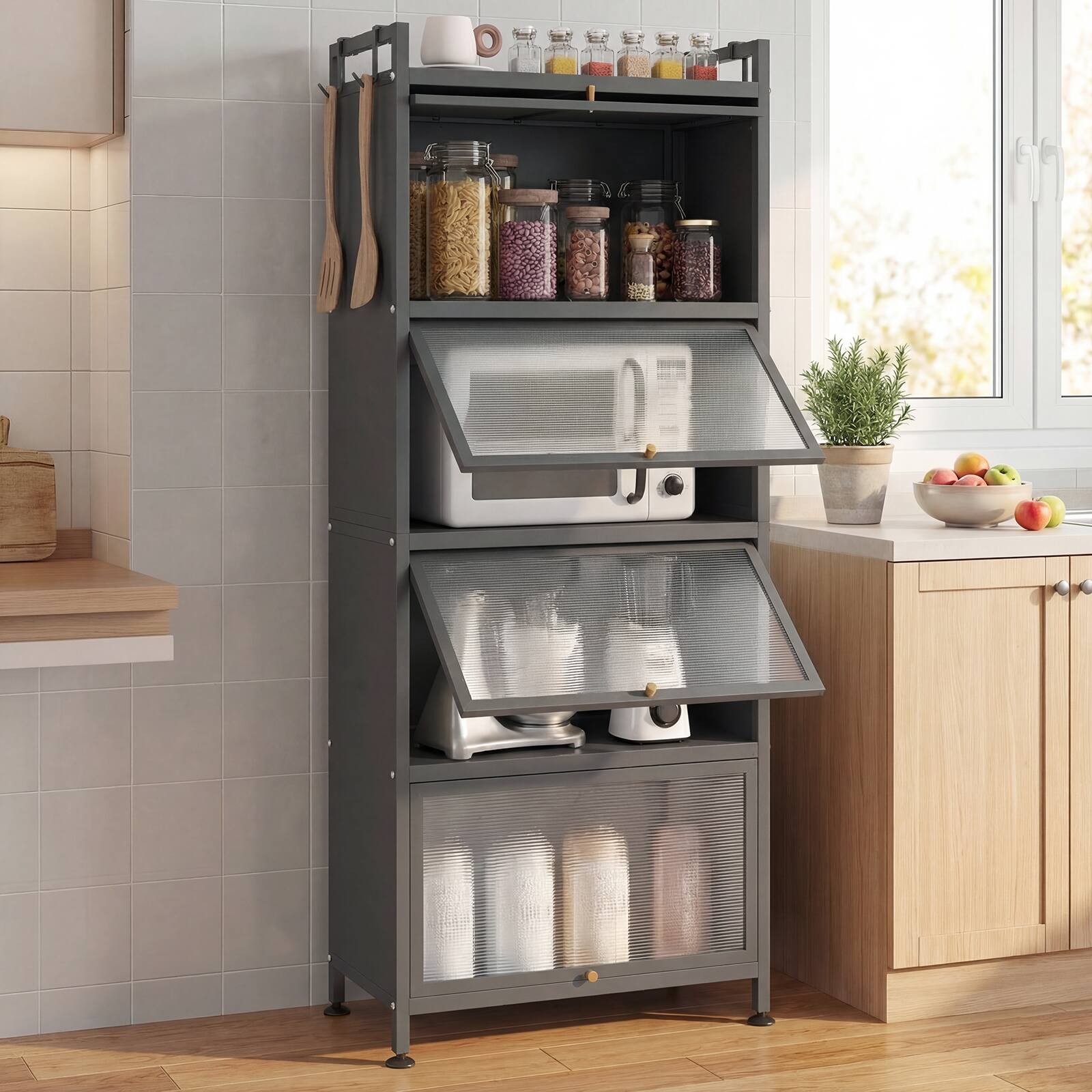 Alt View 1. Costway - Costway 5-Tier Kitchen Baker's Rack Storage Cabinet Mobile Microwave Stand Flip-up Doors - Grey.