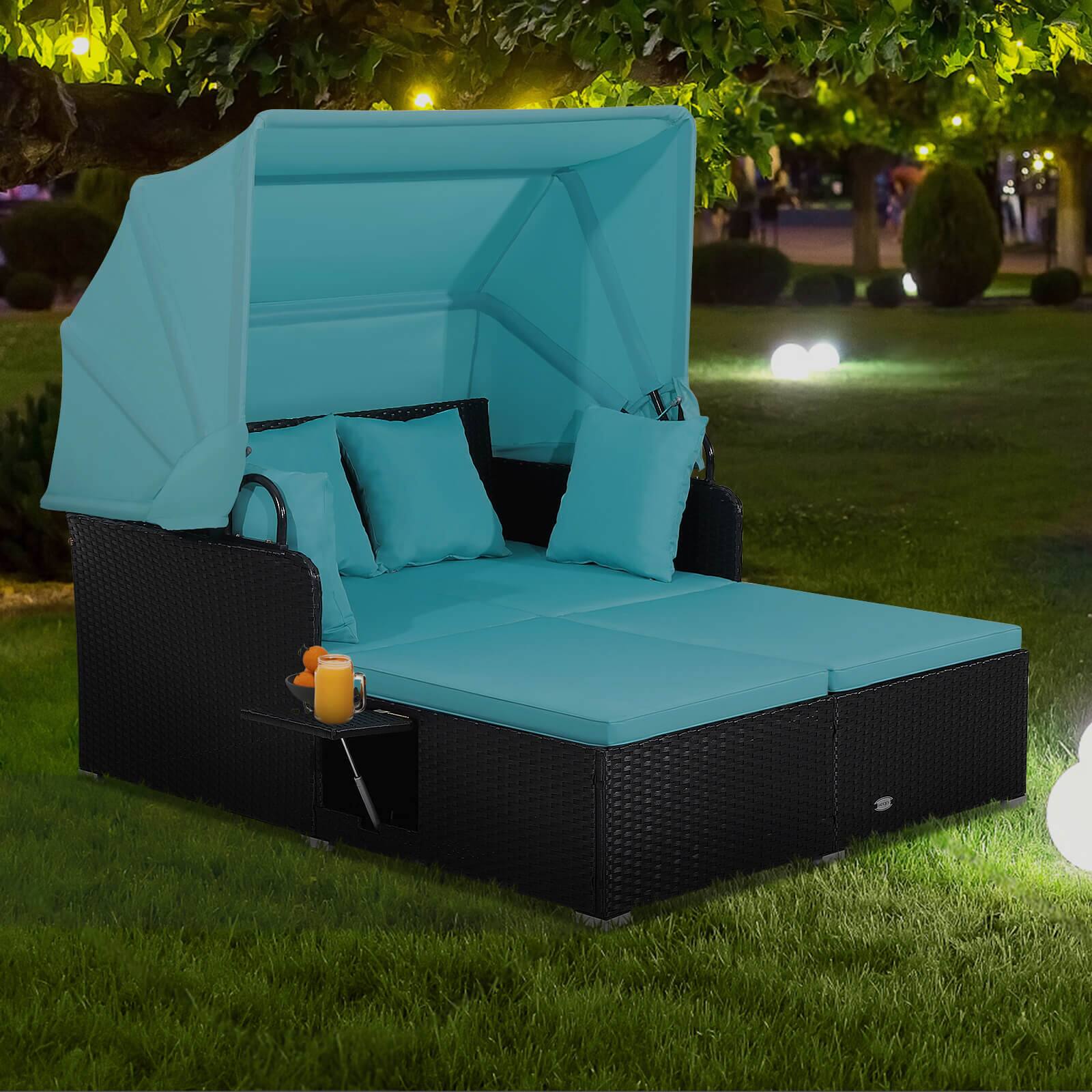 Angle. SlickBlue - Patio Rattan Daybed with Retractable Canopy and Side Tables for Outdoor Lounge - Turquoise.