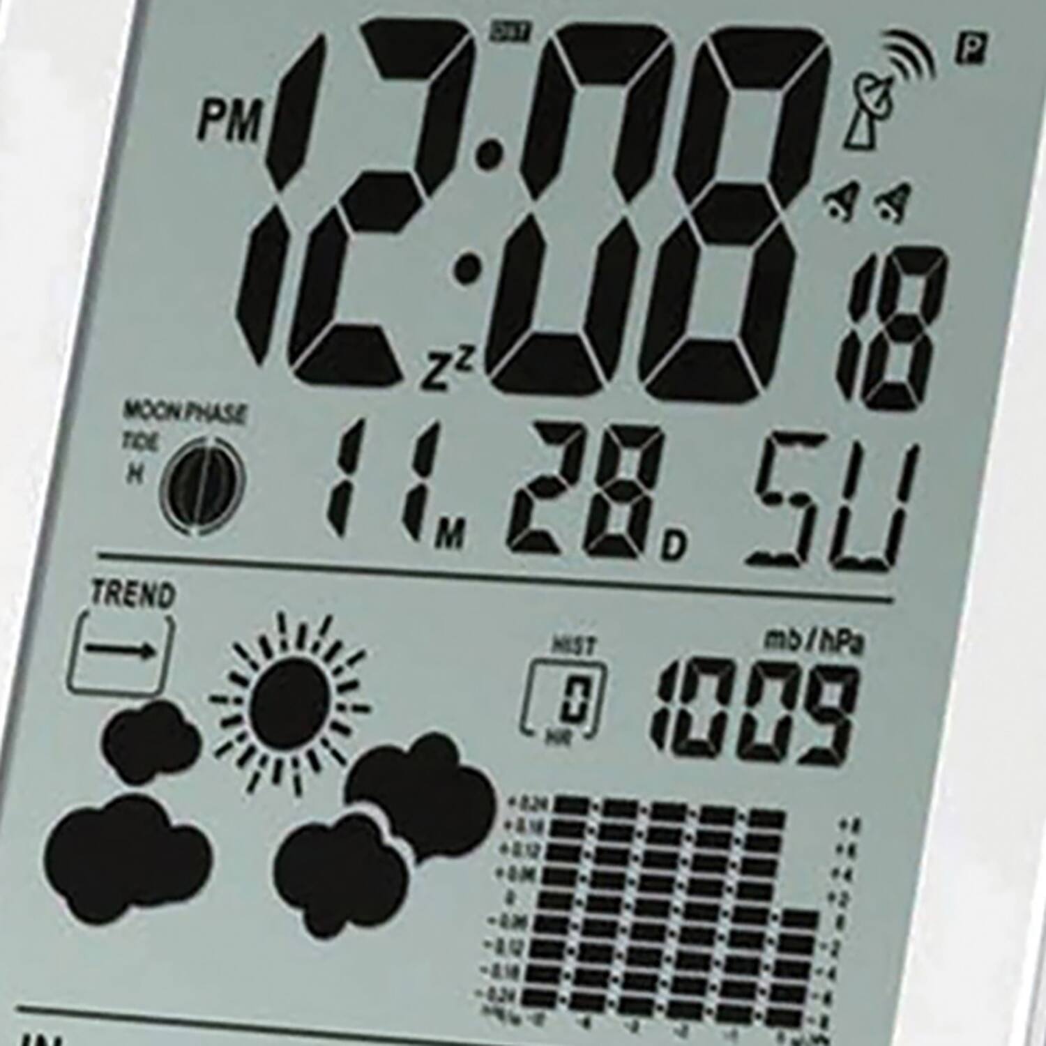PM 12:08  
18  
MOON PHASE 11 28 5U  
TREND  
mb/hPa 1009  
0.34 m