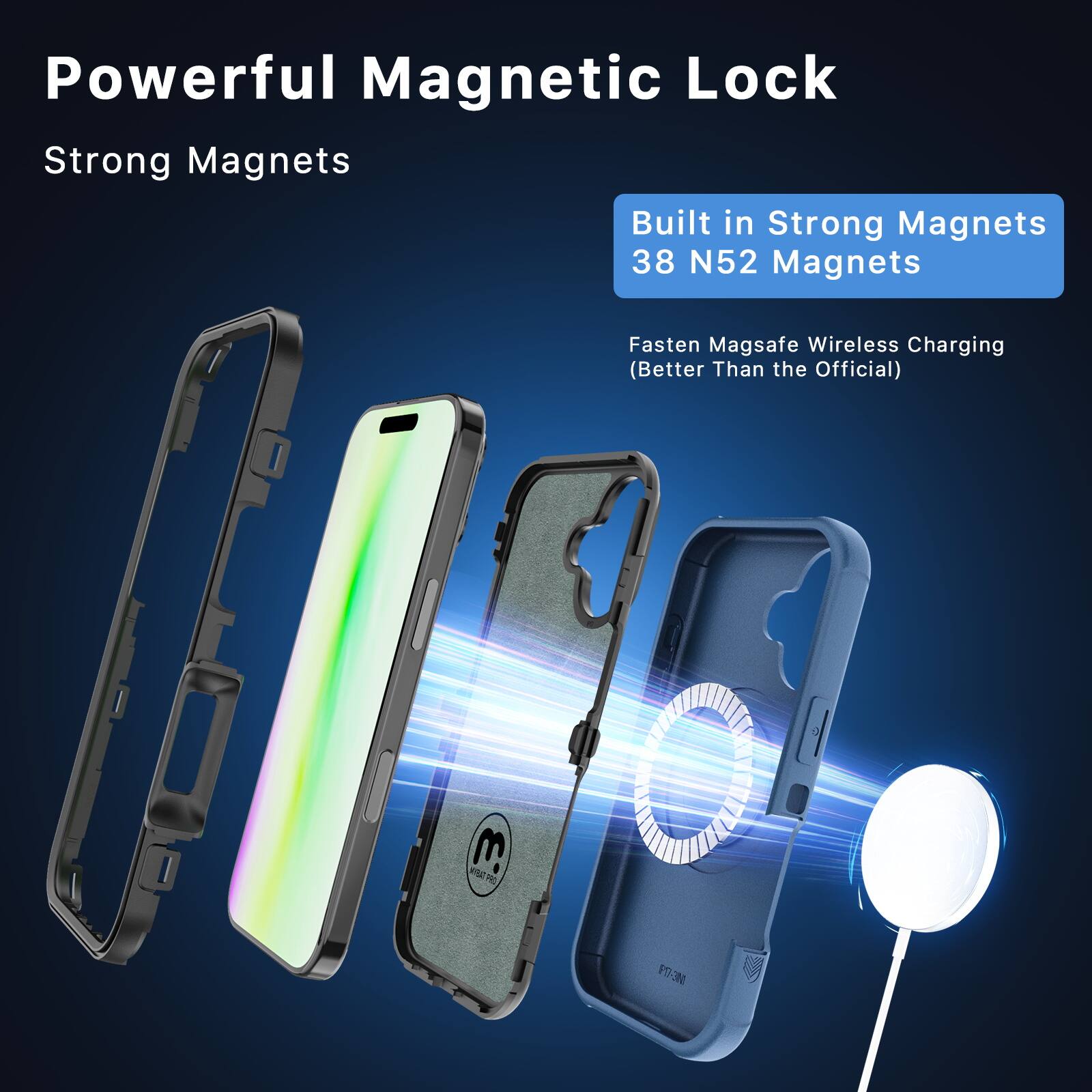 Powerful Magnetic Lock  
Strong Magnets  

Built in Strong Magnets  
38 N52 Magnets  

Fasten Magsafe Wireless Charging  
(Better Than the Official)