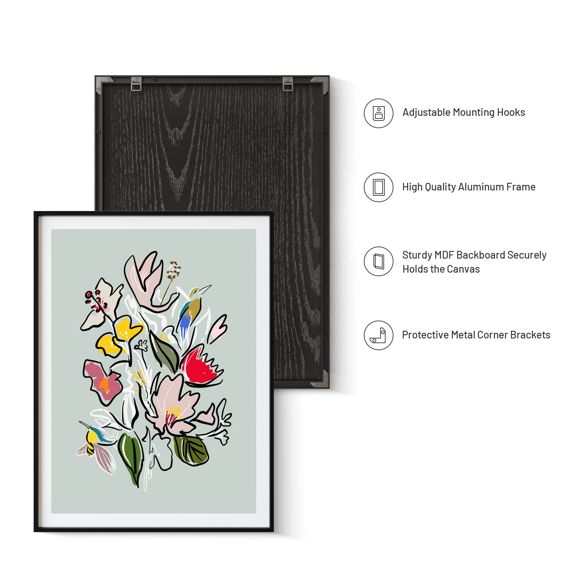 Adjustable Mounting Hooks  
High Quality Aluminum Frame  
Sturdy MDF Backboard Securely Holds the Canvas  
Protective Metal Corner Brackets