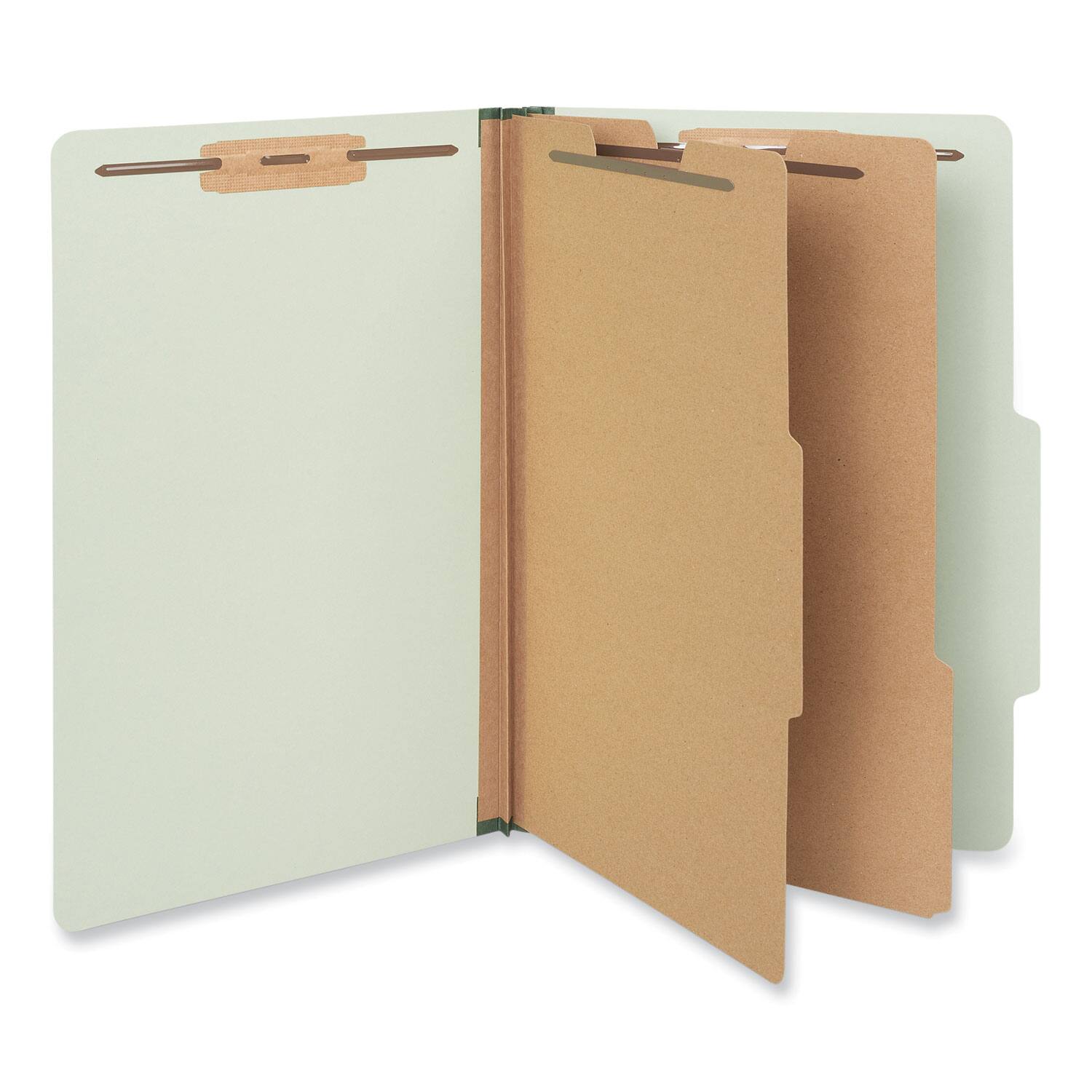 Angle. Universal - Six-Section Pressboard Classification Folders, 2" Expansion, 2 Dividers, 6 Fasteners, Legal Size, Green Exterior, 10/Box.