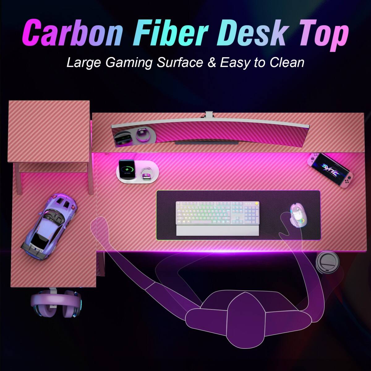 Carbon Fiber Desk Top  
Large Gaming Surface & Easy to Clean