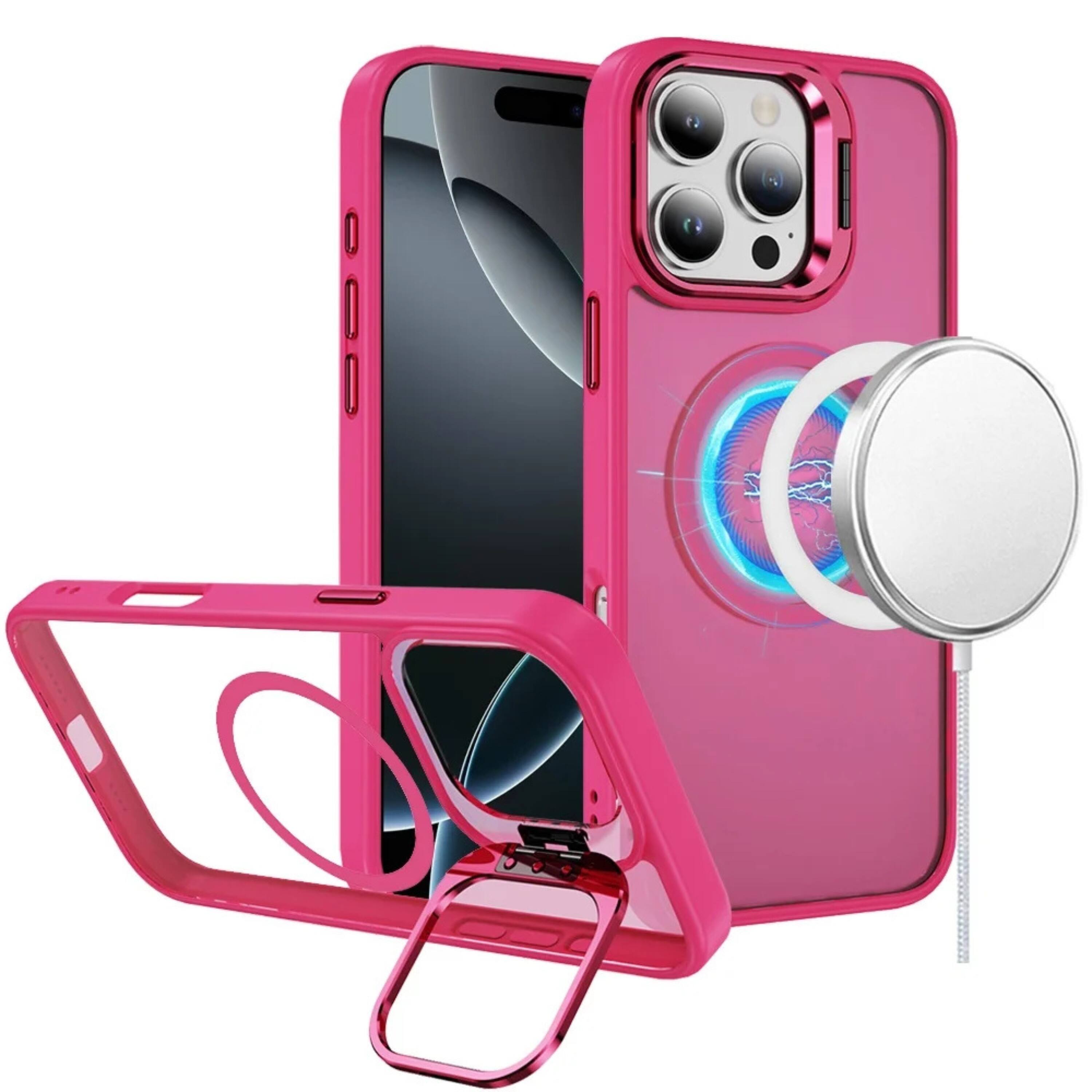 Front. Kitcheniva - Magnetic Circle Rear Lens Stand Protective Phone Case With Tempered Glass For iPhone 16 Pro 6.3 Inch Hot Pink - Hot Pink.