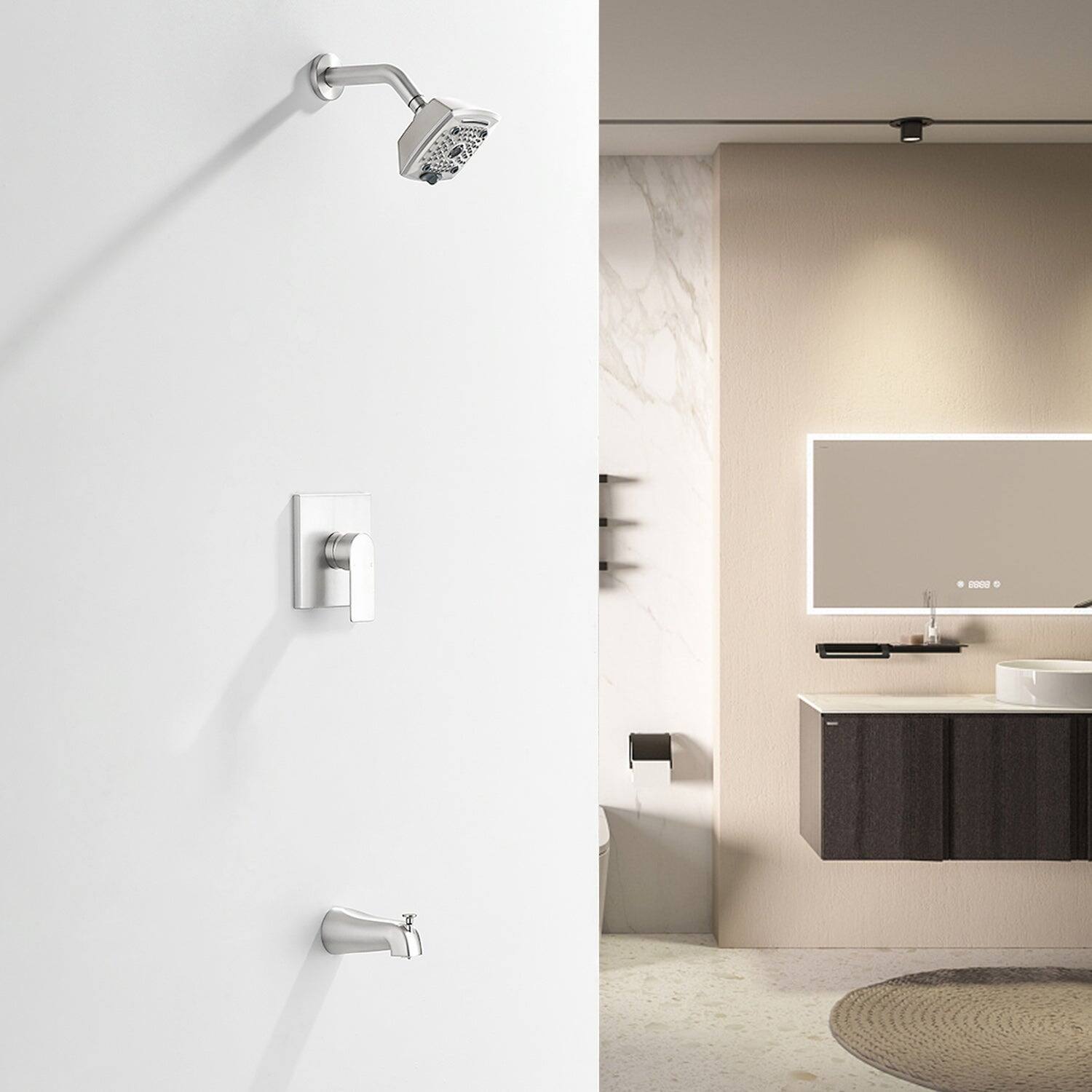Alt View 2. Boyel Living - Brushed Brass Shower Faucet Set 5-Function ABS Top Spray Pressure Balance Valve Large Flow Lift-Up Spout 1/2NPT Thread - Brushed Nickel.