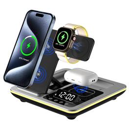 YONWAY - Foldable Wireless Charger Alarm Clock LED Light Dock, 5 in 1 Fast Charging Station for iPhone, Apple Watch, Airpods