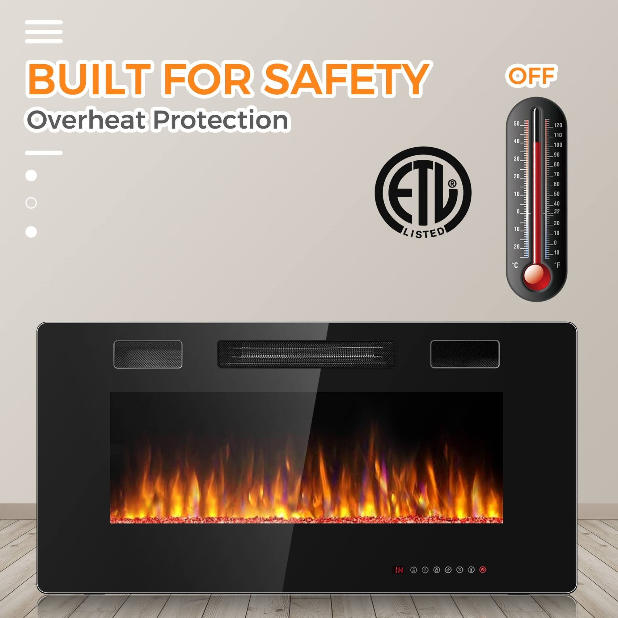 BUILT FOR SAFETY  
Overheat Protection  
ETU LISTED  

OFF  
50 120 110 40 100 90 30 80 20 70 60 10 50 40  
D. 32 20 10 10 I 20 10  
C  
'F  
H  
N  
U