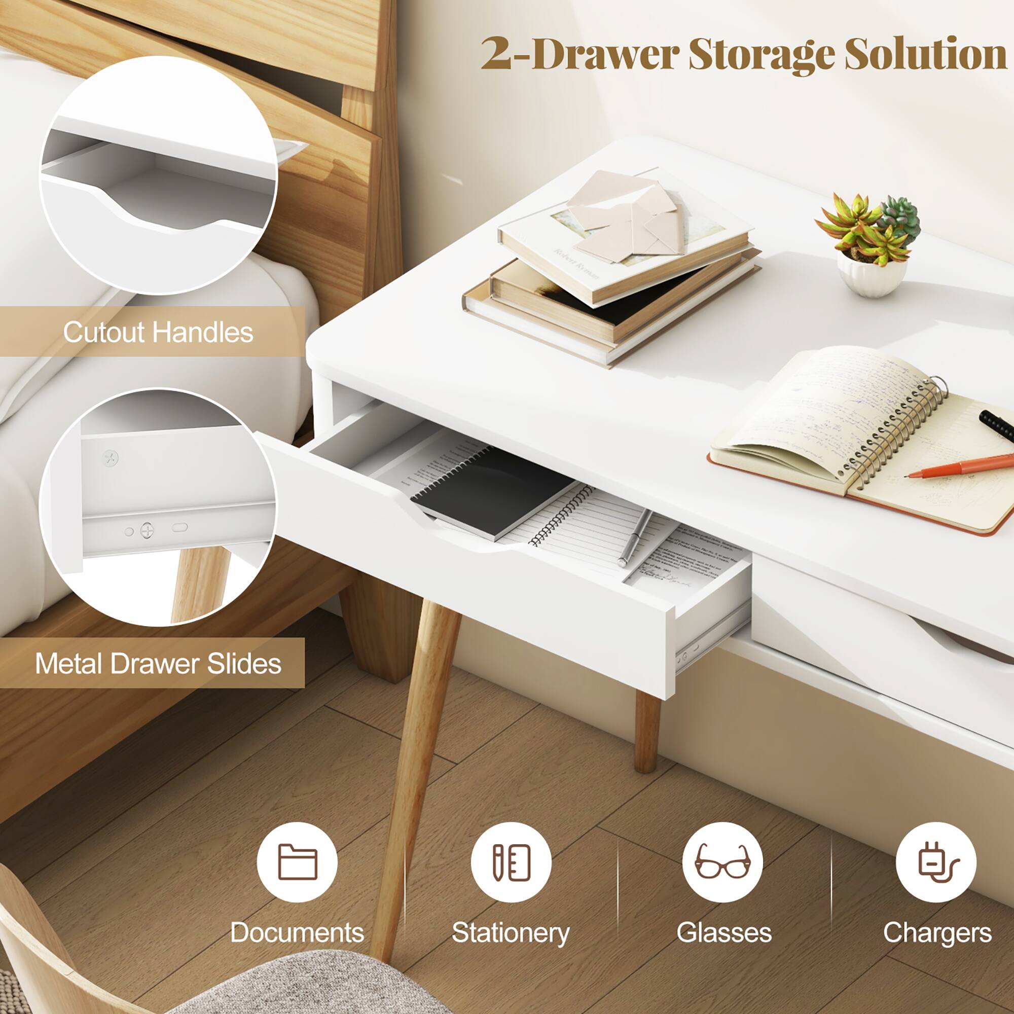 2-Drawer Storage Solution, Cutout Handles, Metal Drawer Slides, Documents, Stationery, Glasses, Chargers