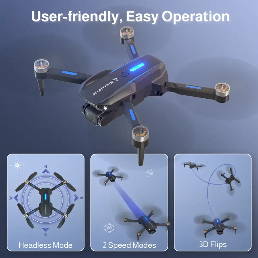 User-friendly, Easy Operation C S Snaptain . - . N 1 40 W m 00 S Headless Mode 2 Speed Modes 3D Flips