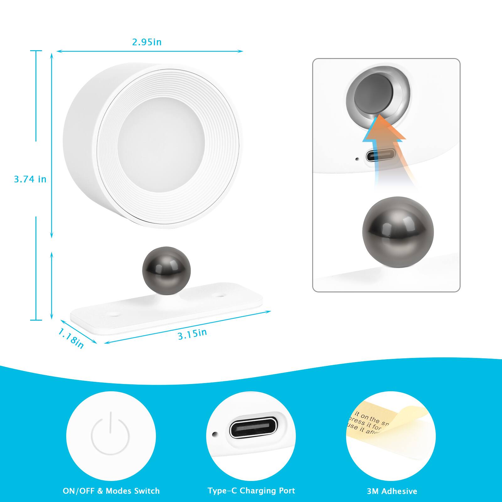 2.95in  
3.74 in  
1.18in  
3.15in  

it rests the sensor use. it for it after  

ON/OFF & Modes Switch  
Type-C Charging Port  
3M Adhesive