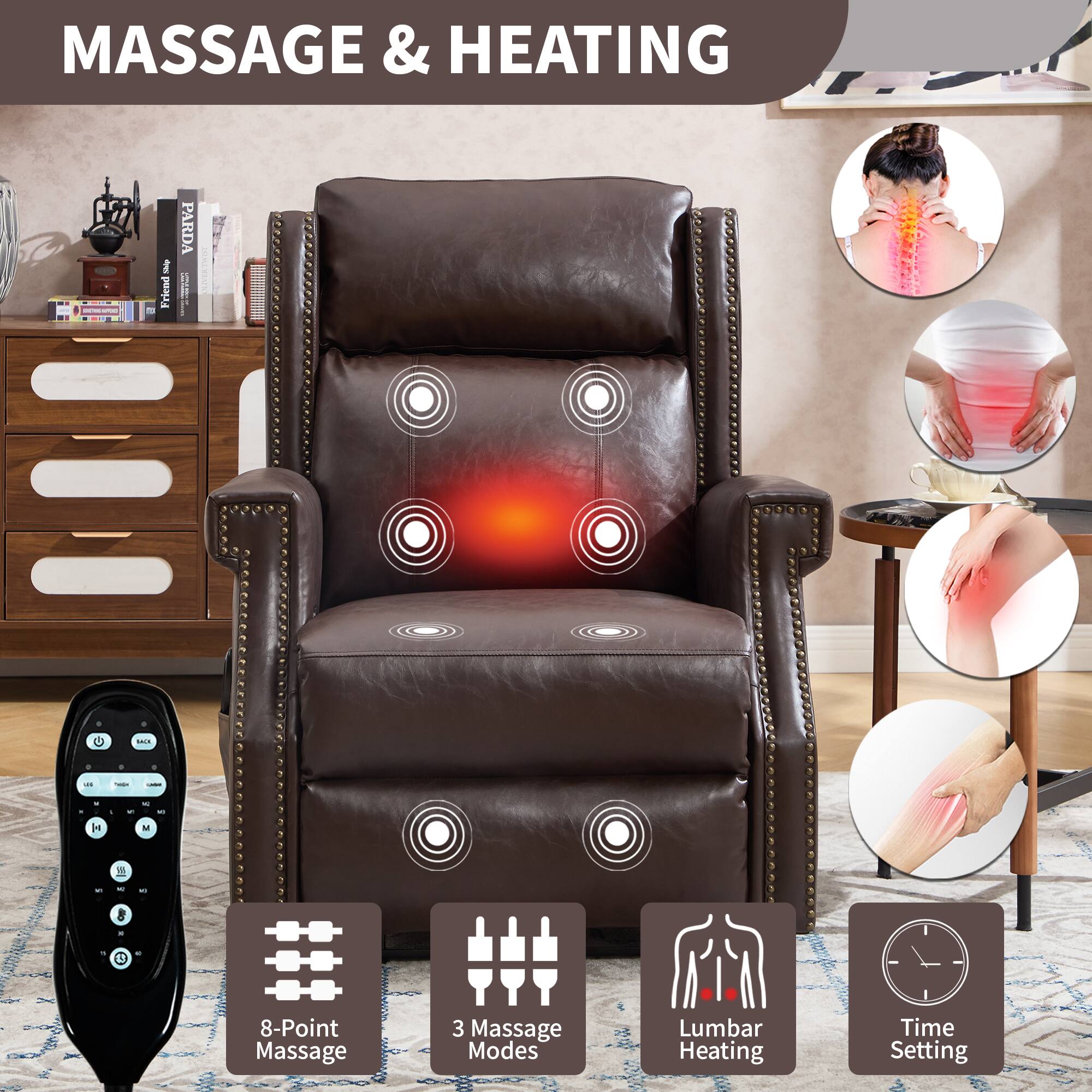 MASSAGE & HEATING

- 8-Point Massage
- 3 Massage Modes
- Lumbar Heating
- Time Setting