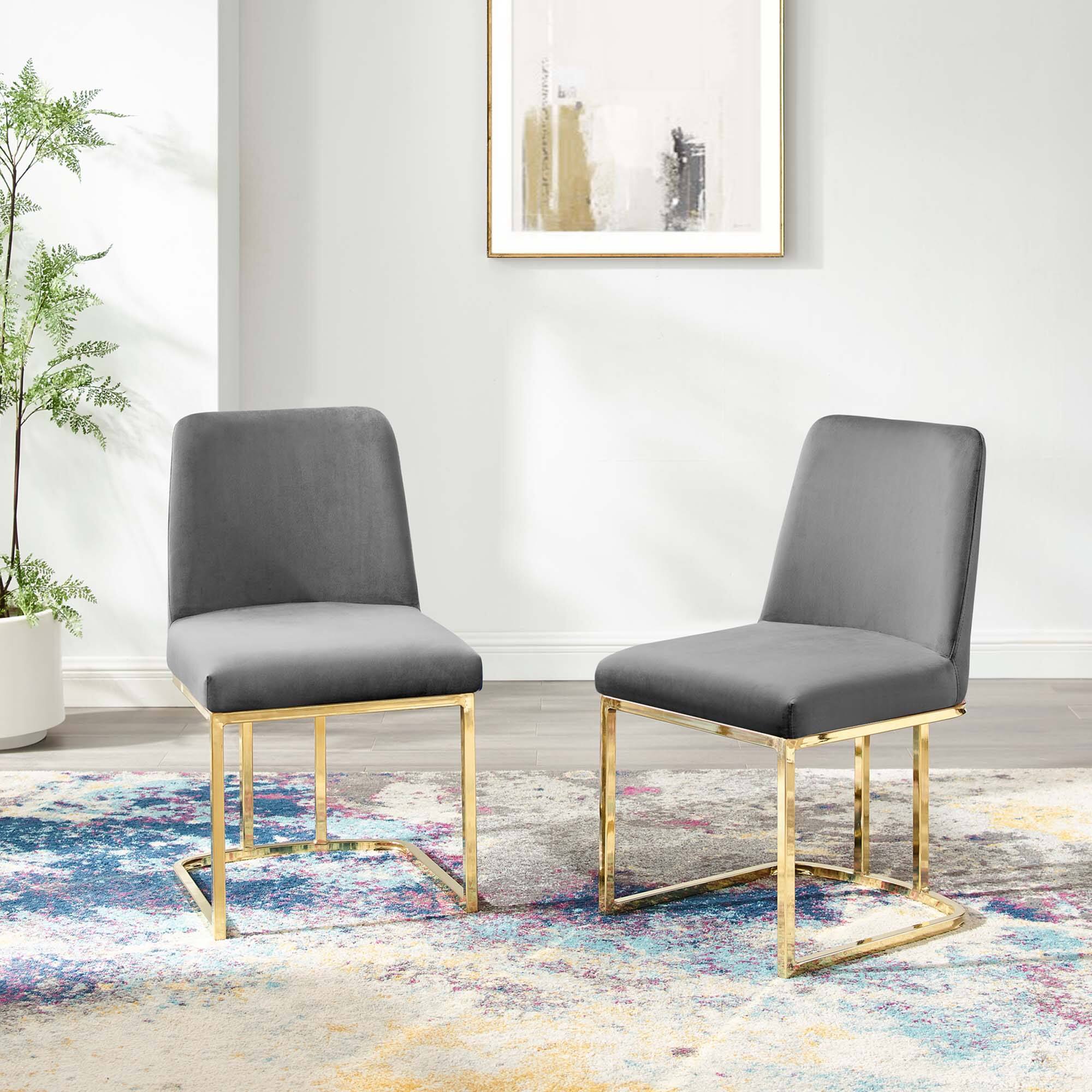 Front. Modway - Amplify Sled Base Performance Velvet Dining Chairs Set of 2 by Modway - Gold Gray.
