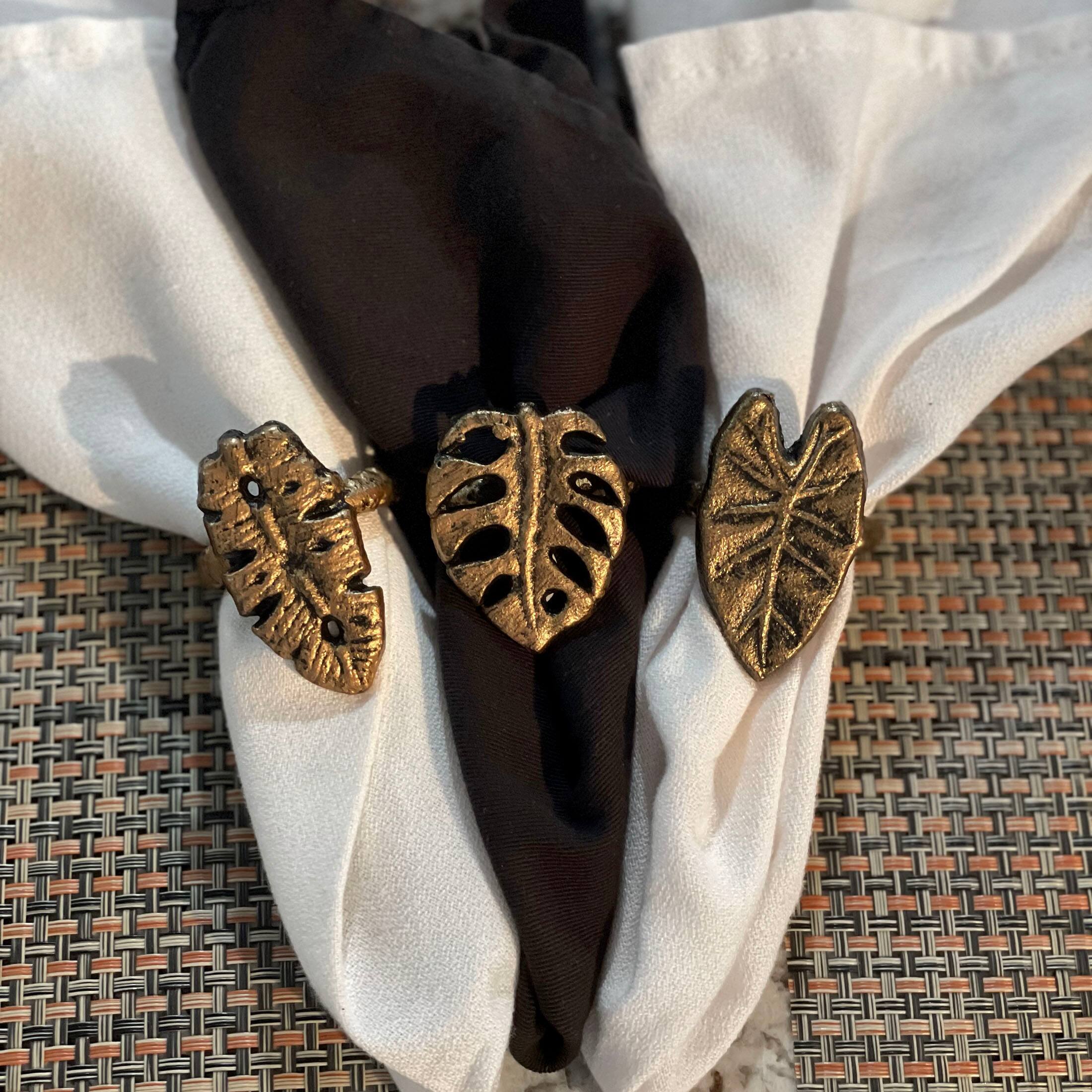 Alt View 3. Zeckos - Set of 6 Antique Gold Cast Iron Tropical Leaf Napkin Rings Dining Decor - Gold.