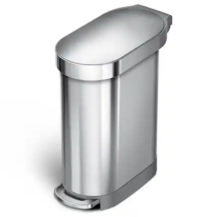 Front. SlickBlue - 12-Gallon Narrow Kitchen Trash Can in Stainless Steel, Easy Step-On Lid - Silver.