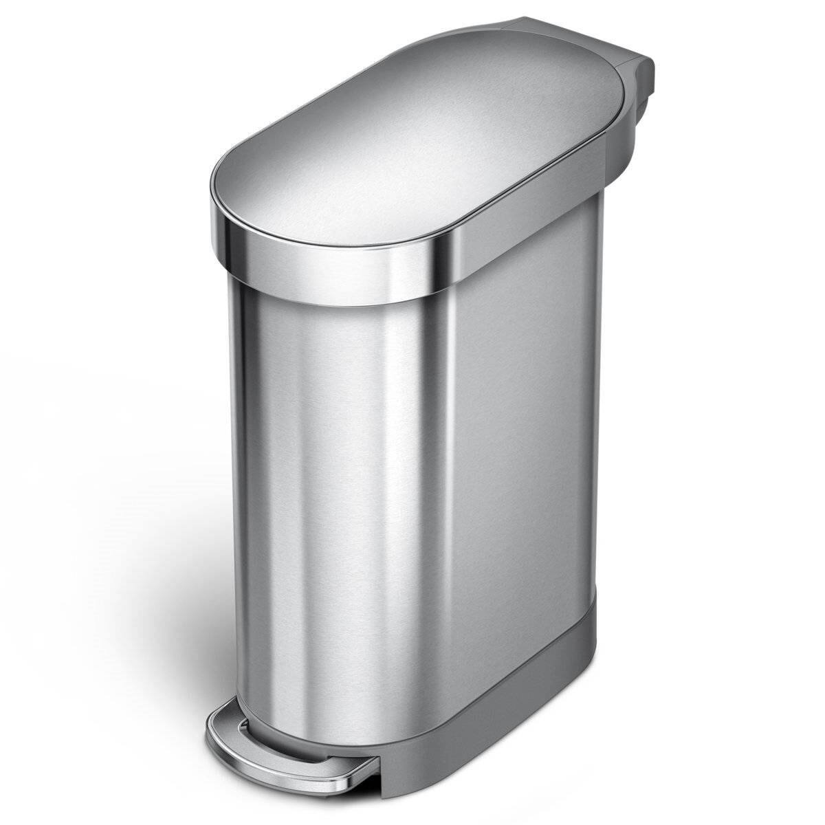Front. SlickBlue - 12-Gallon Narrow Kitchen Trash Can in Stainless Steel, Easy Step-On Lid - Silver.