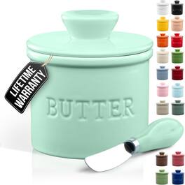 Zulay Kitchen - Porcelain Butter Crock With Lid & Knife - Authentic French Butter Dish Keeper For Fresh - Mint