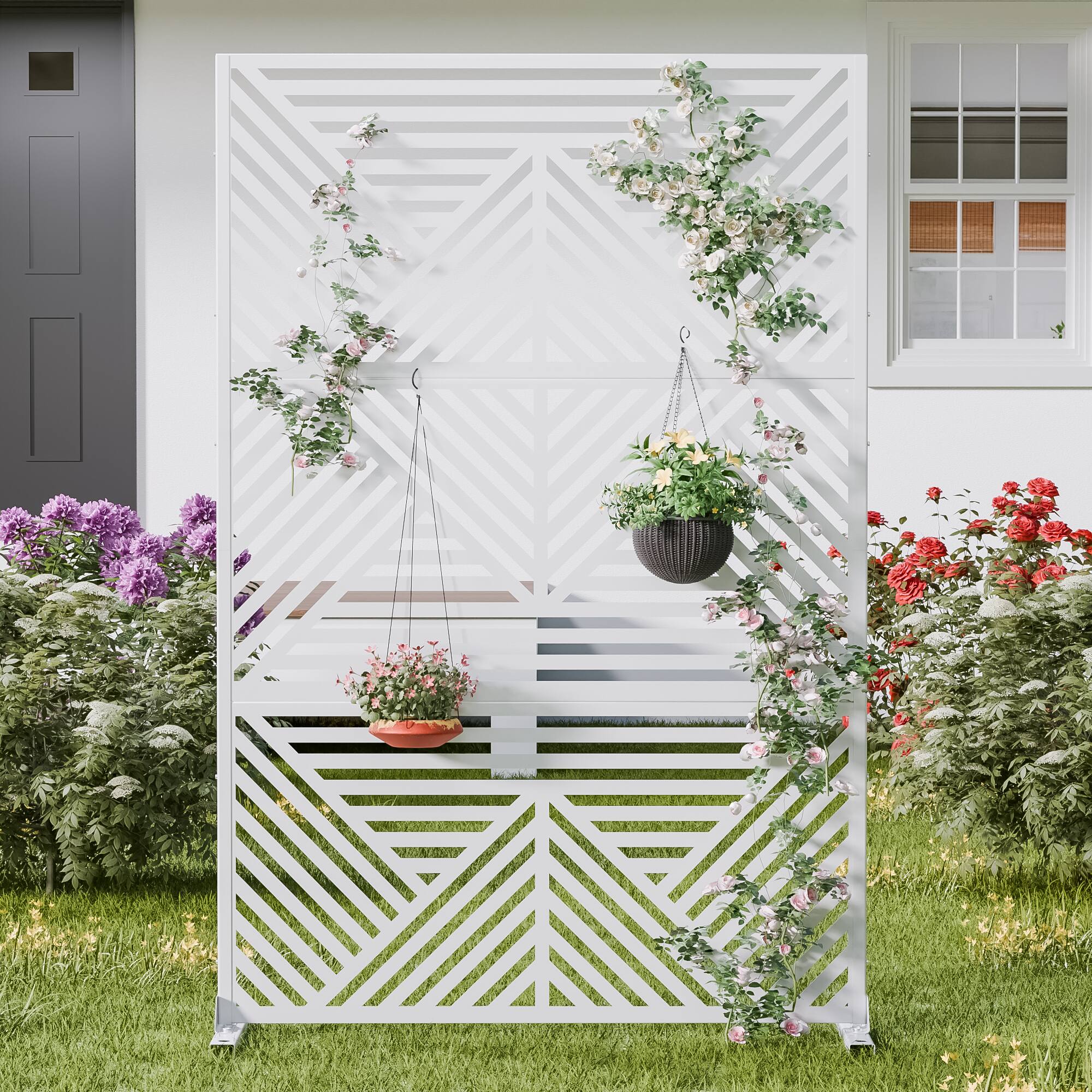 Alt View 1. PexFix - 72 in. x 47 in. Zodiac Pattern Metal Outdoor Privacy Screen & Panels, Freestanding Garden Divider Fence - White.