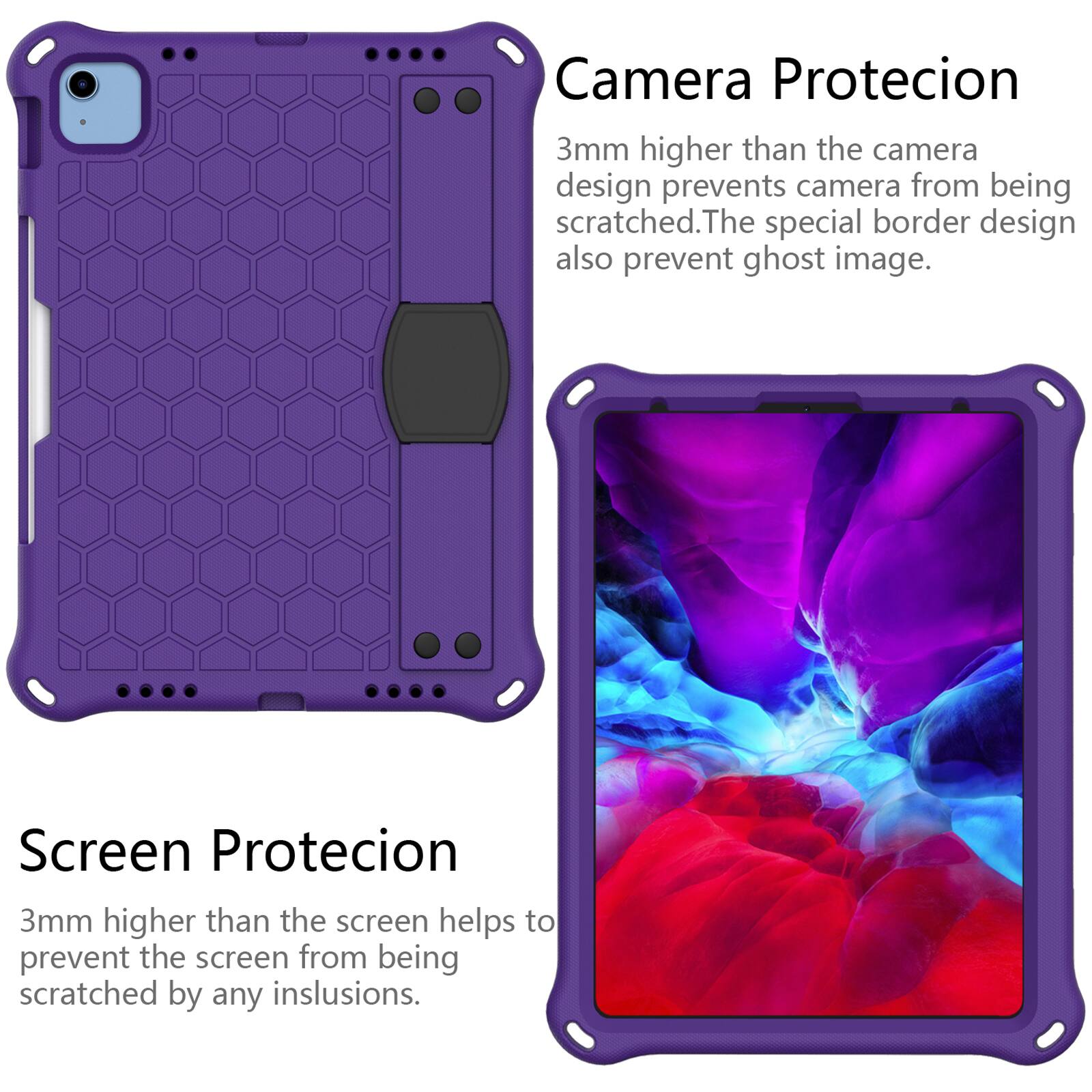 Camera Protection  
3mm higher than the camera design prevents the camera from being scratched. The special border design also prevents ghost images.  

Screen Protection  
3mm higher than the screen helps to prevent the screen from being scratched by any inclusions.