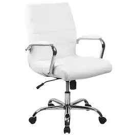 Emma + Oliver - Mid-Back Executive Swivel Office Chair with Metal Frame and Arms - White LeatherSoft/Chrome Frame
