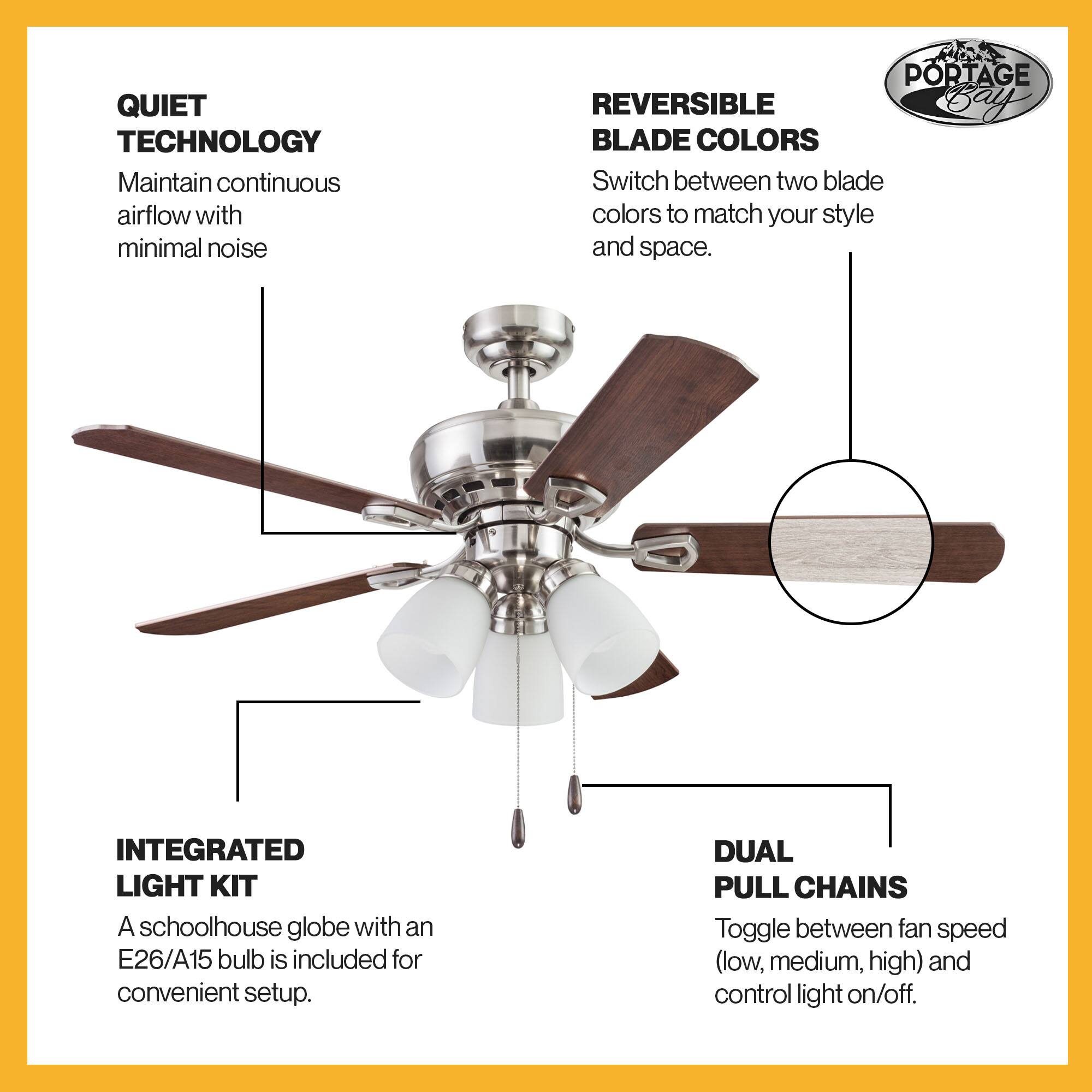 QUIET TECHNOLOGY  
Maintain continuous airflow with minimal noise

REVERSIBLE BLADE COLORS  
Switch between two blade colors to match your style and space.

INTEGRATED LIGHT KIT  
A schoolhouse globe with an E26/A15 bulb is included for convenient setup.

DUAL PULL CHAINS  
Toggle between fan speed (low, medium, high) and control light on/off.