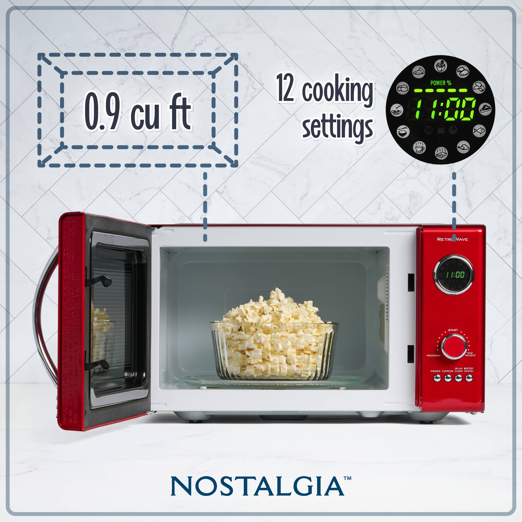 0.9 cu ft  
12 cooking settings  
POWER % 1:00  
NOSTALGIA™