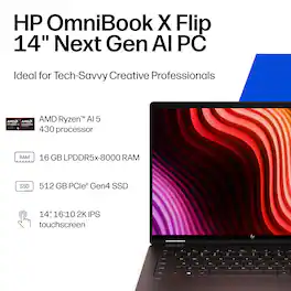 HP - OmniBook X Flip 2-in-1 - 14" 2K Touchscreen Laptop - AMD Ryzen AI 5 430 ('26) - 16GB Memory - 512GB SSD - Copilot+ - Deep Espresso