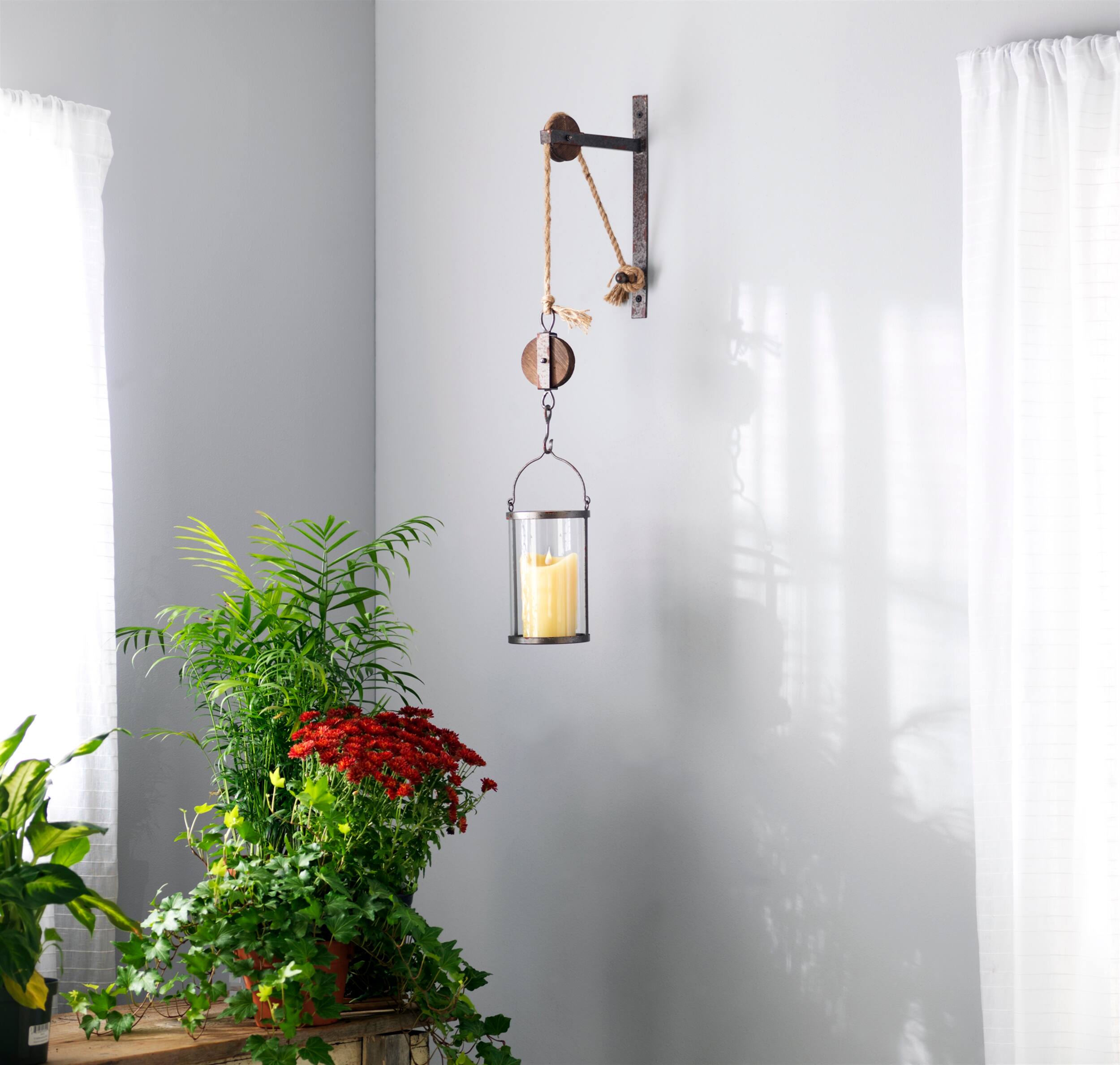 Angle. BreeBe - Industrial Pulley Mounted Canister Candleholder - Grey, Grey.