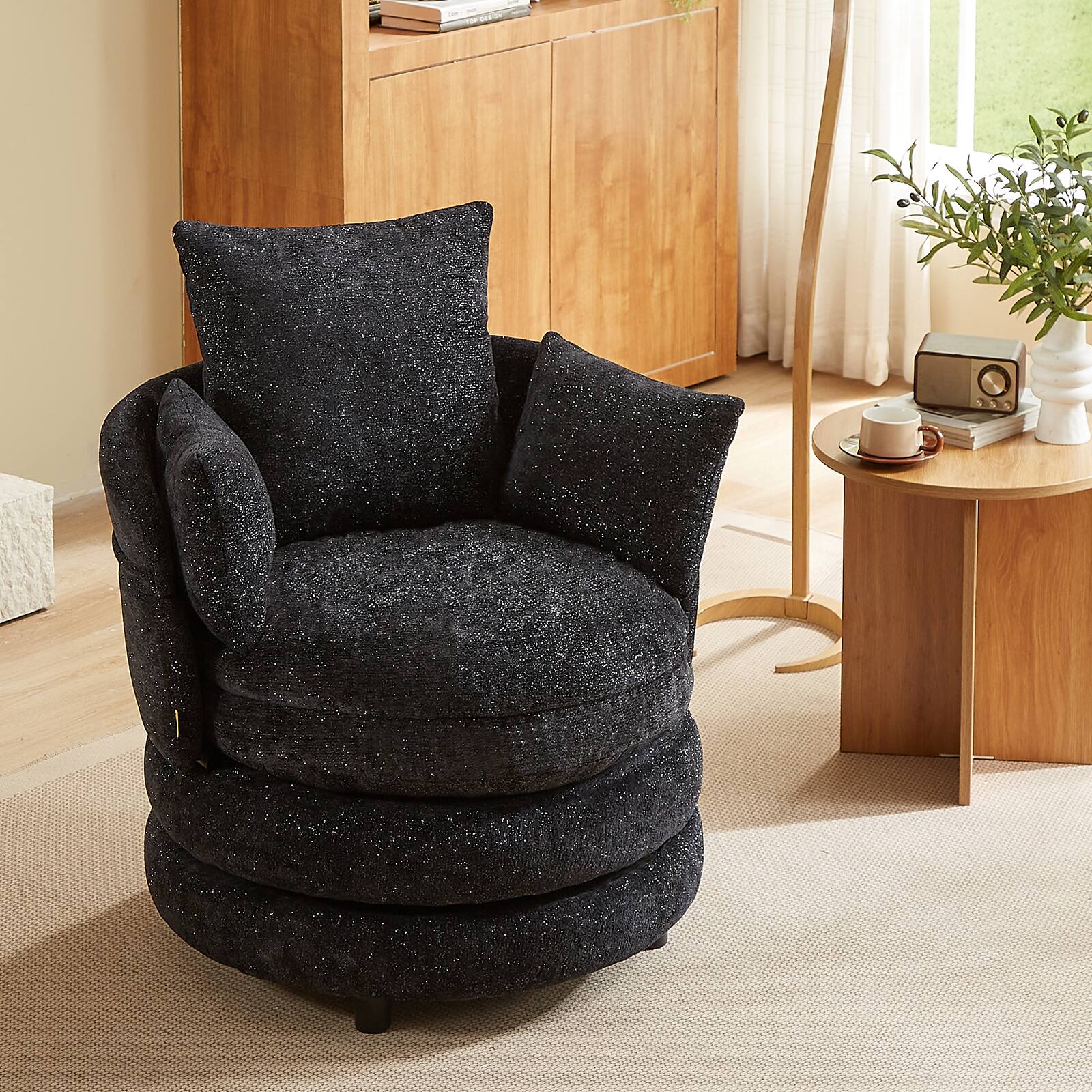 Front. Pinmoco - Modern Swivel Accent Chair, 360 Hamburger Reading Chair, Single Sofa Armchair for Living Room, Bedroom - Starry Black.