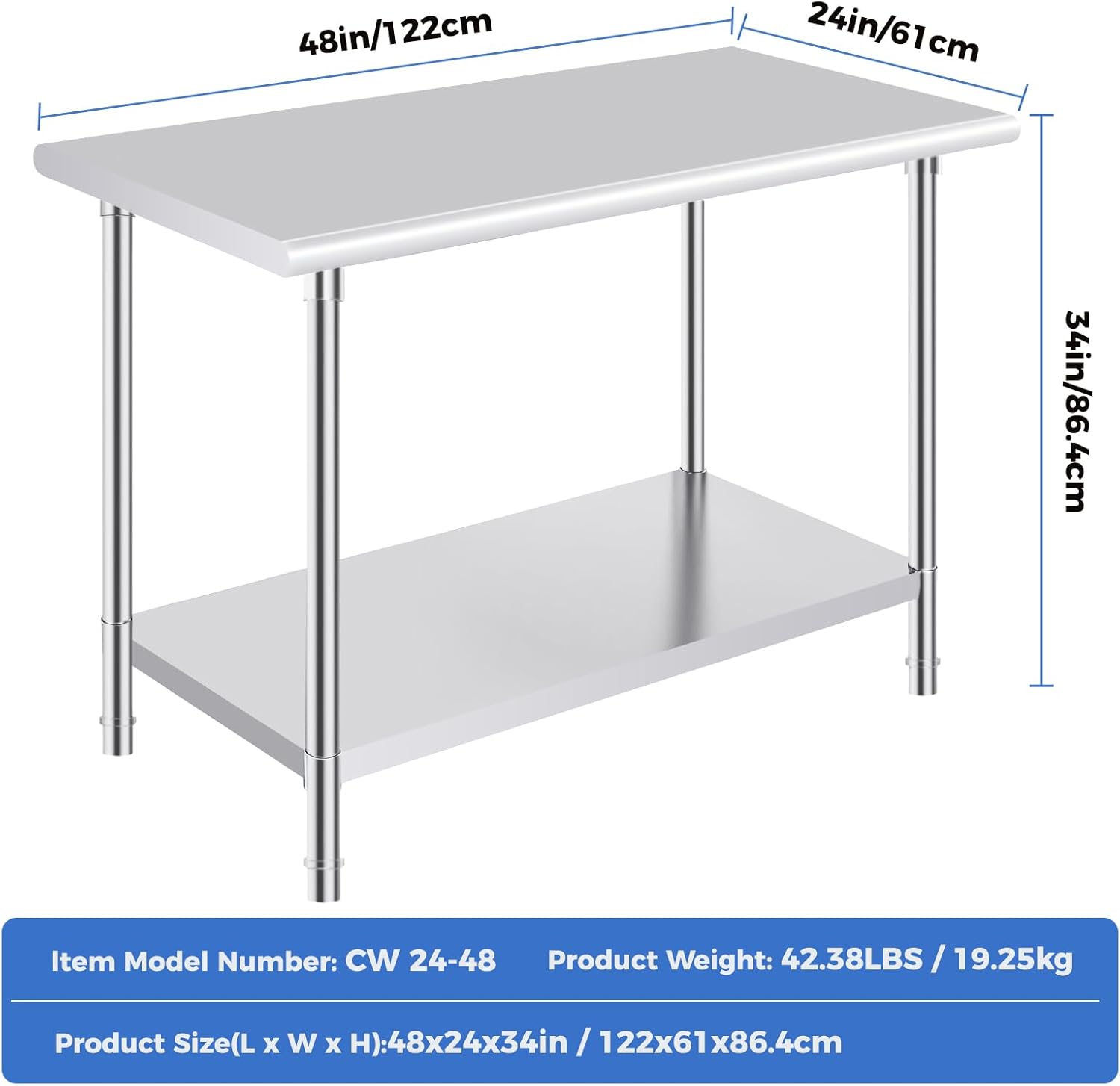 48in/122cm  
24in/61cm  
34in/86.4cm  

Item Model Number: CW 24-48  
Product Weight: 42.38LBS / 19.25kg  
Product Size(L x W x H): 48x24x34in / 122x61x86.4cm