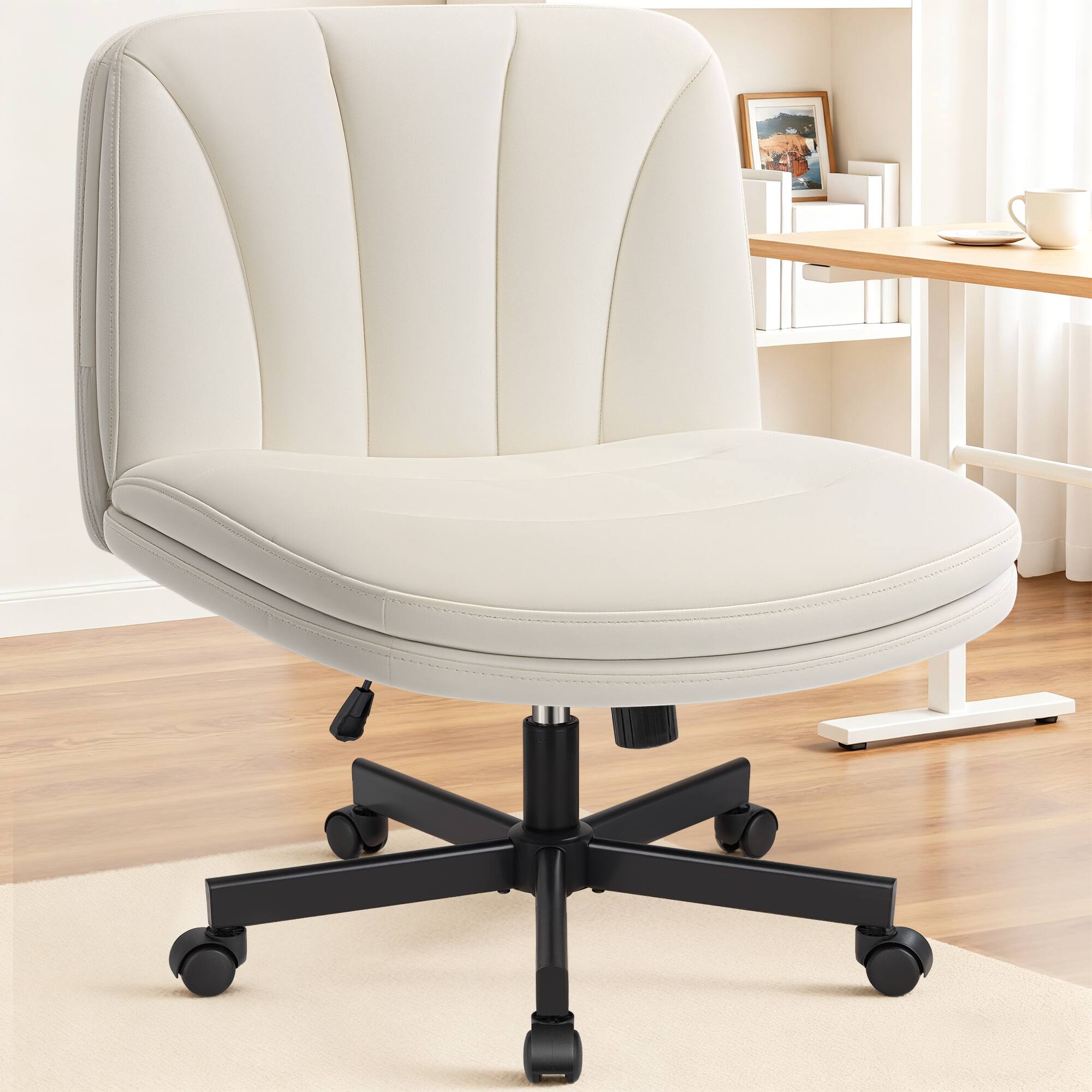 Angle. Brick Attic - Criss Cross Office Chair with Wheels, Armless Wide Dressing Table Chair with Backrest Comfortable PU Leather - Pearl White.
