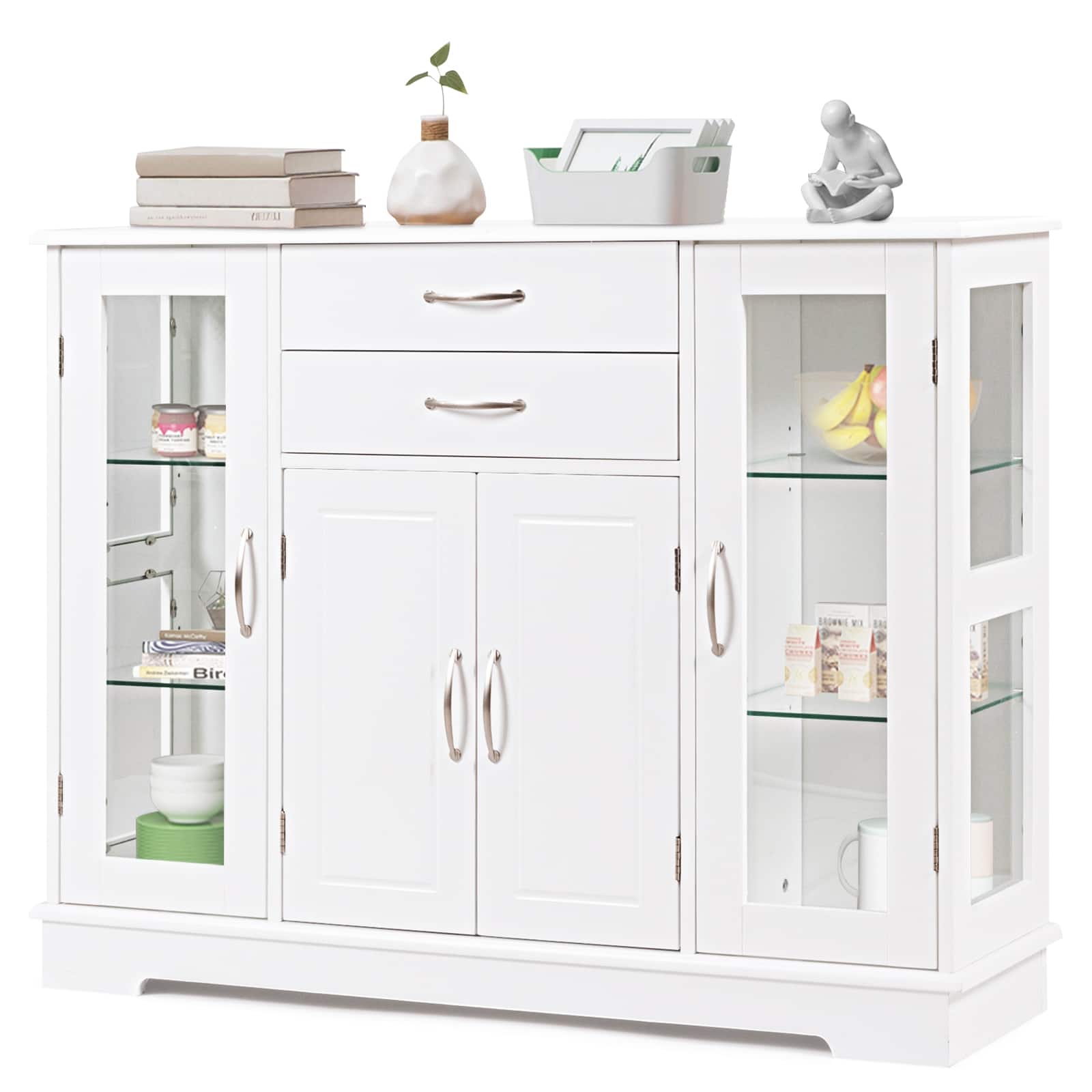 Ecooso - Buffet Sideboard Cabinet with 2 Drawers & Glass Doors, Kitchen Storage Server Console - White