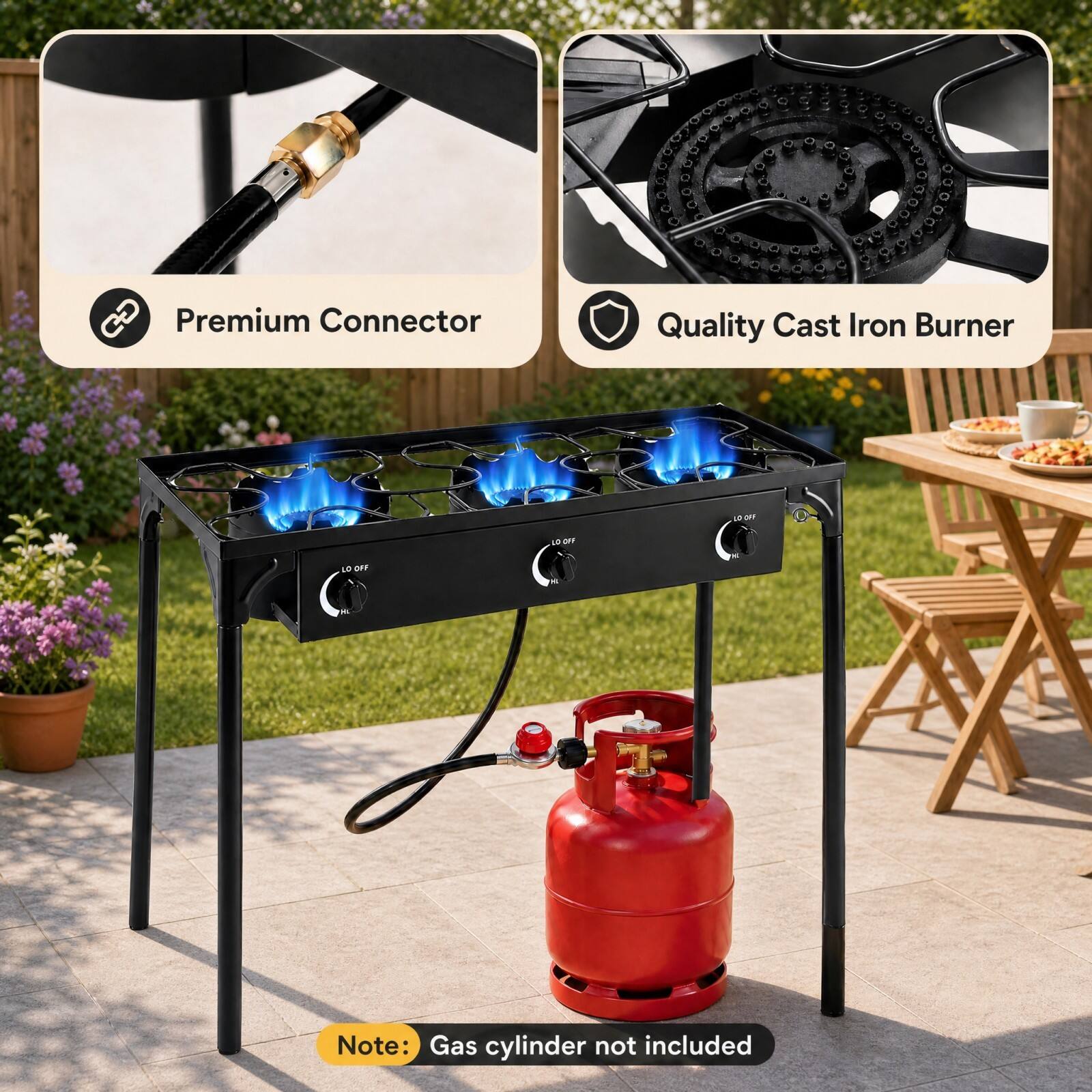Premium Connector  
Quality Cast Iron Burner  
LO-OFF  
LO OFF  
LO OFF  
Note: Gas cylinder not included