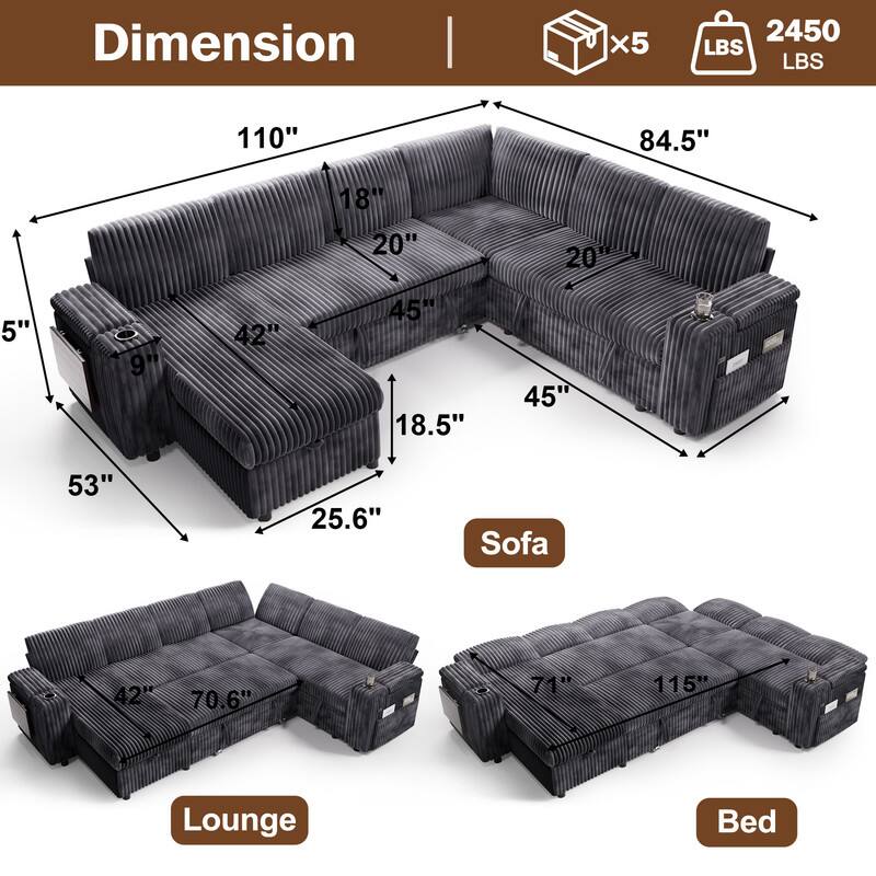 Dimension  
Sofa: 110" x 84.5" x 53"  
Lounge: 42" x 70.6" x 25.6"  
Bed: 71" x 115"  
Weight: 2450 LBS  
Boxes: x5