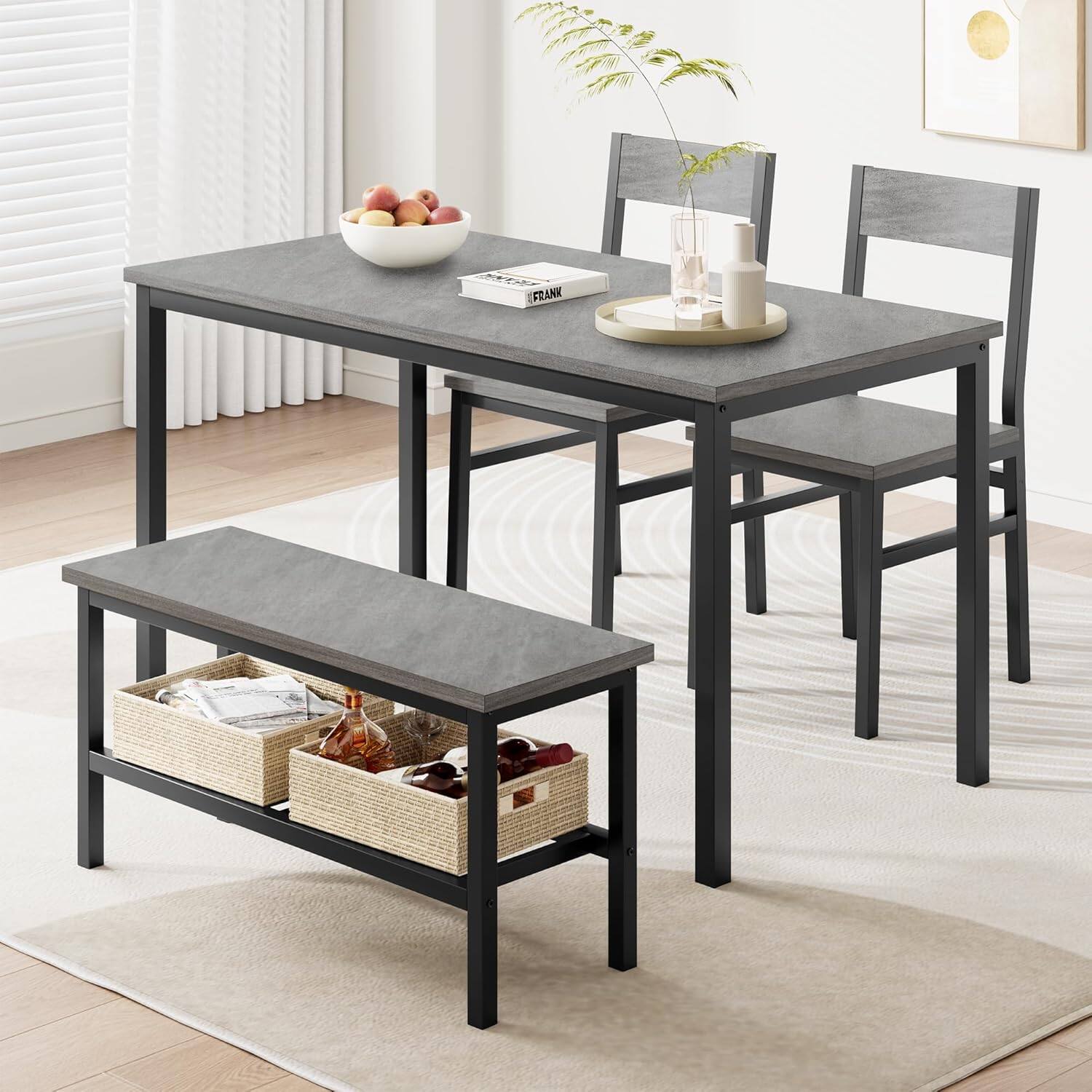 Alt View 2. Homhougo - Dining Table Set for 4, Table, Chairs & Bench, Metal Frame, Storage Solution - Grey.