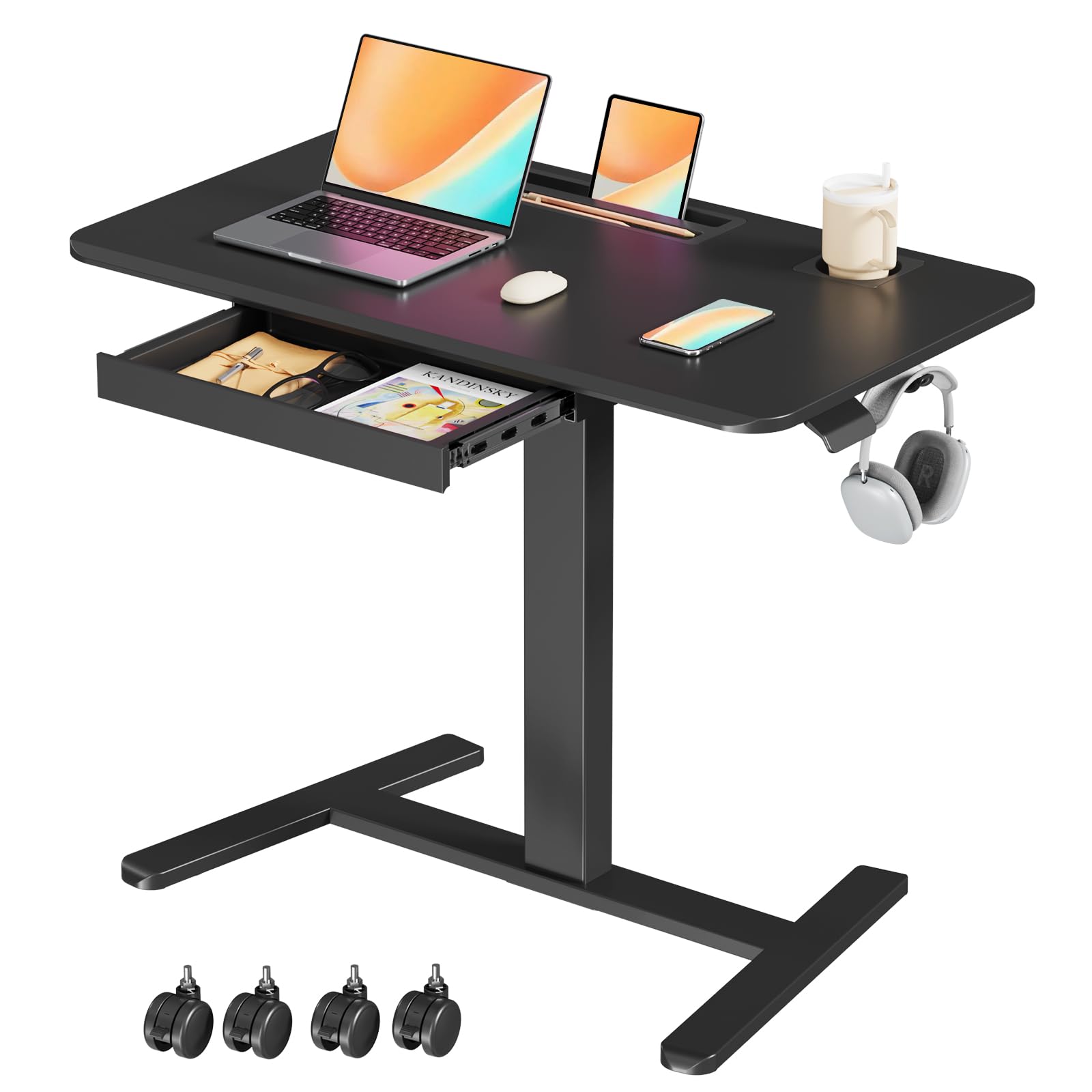 Front. JETRANSPORT - Mobile Standing Desk With Drawer 28" Rolling Cup Holder And Hooks Portable Laptop Cart On Wheels Height - Black 35.