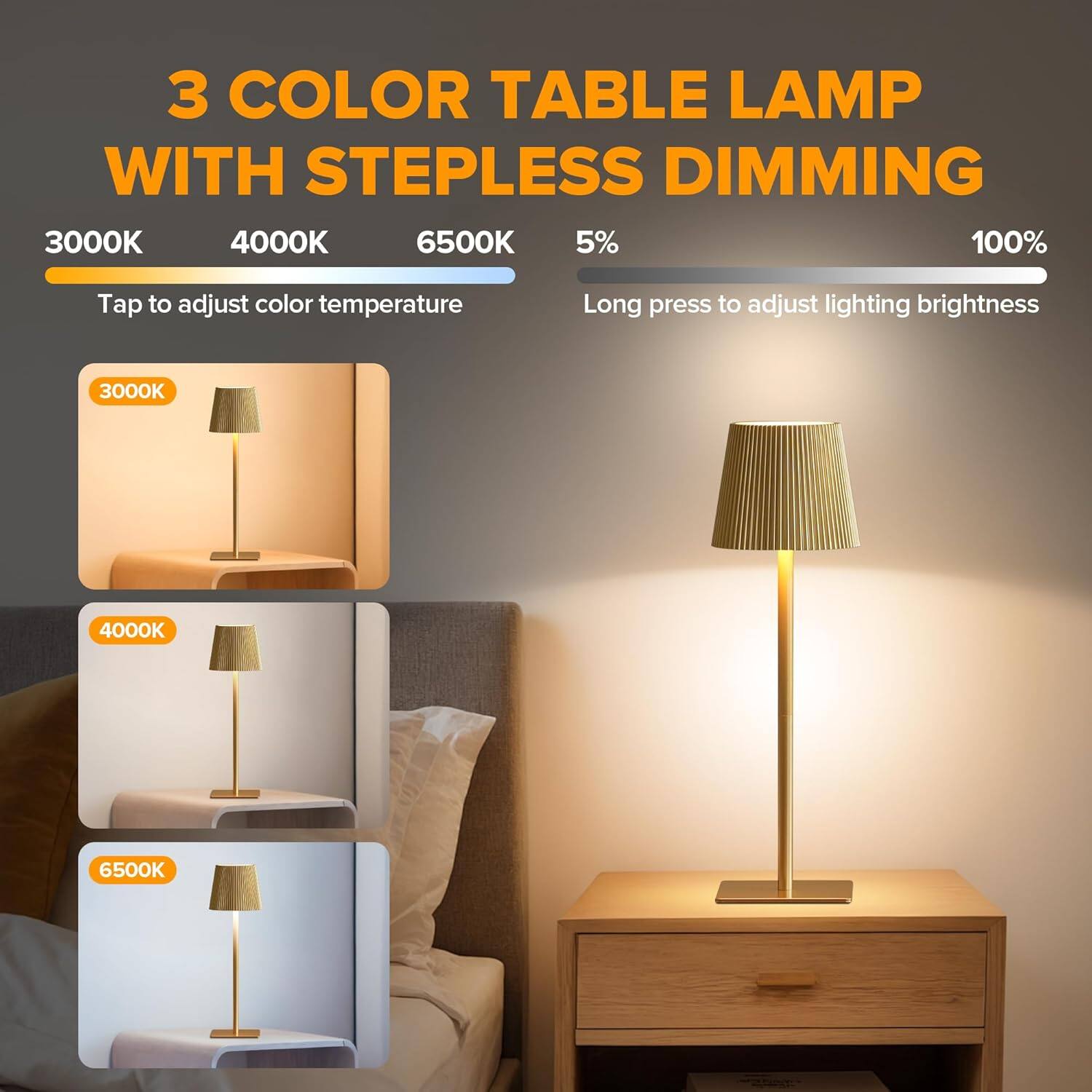 3 COLOR TABLE LAMP WITH STEPLESS DIMMING

3000K 4000K 6500K

Tap to adjust color temperature

5% 100%

Long press to adjust lighting brightness