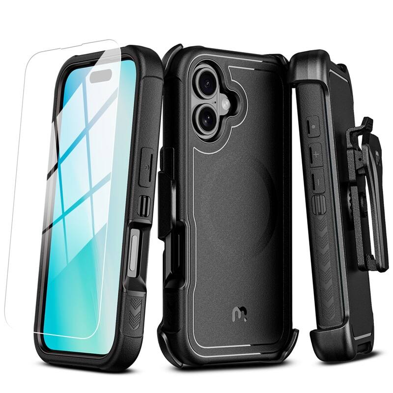 Front. Mybat Pro - MyBat Pro Maverick Series MagSafe Case with Holster and Tempered Glass for Apple iPhone 16 Plus - Black - Black.