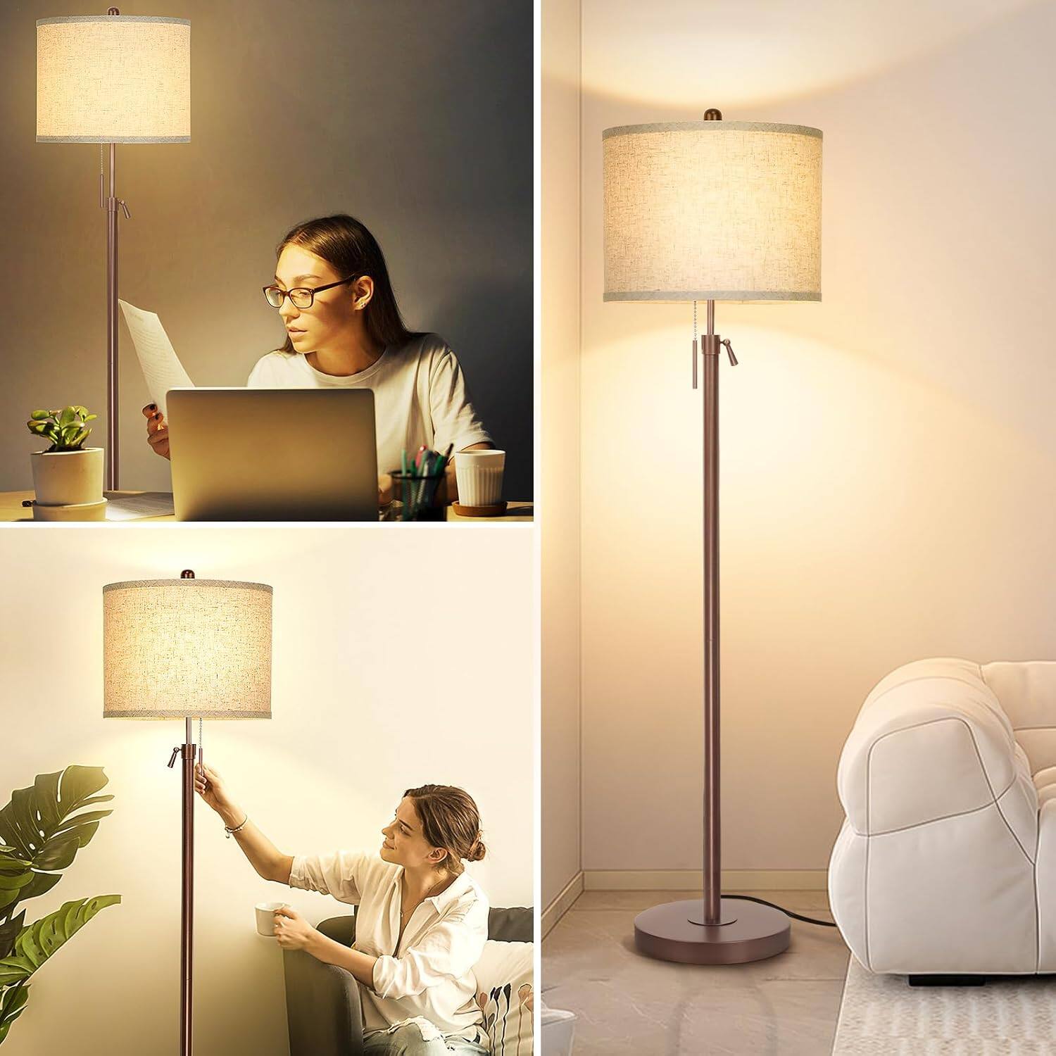 Alt View 3. Cozy Serene - Brown silver Floor Lamp Lamp Adjustable LED Modern Metal Living Room Height Standing Pole Light Bedroom - Black (63in).