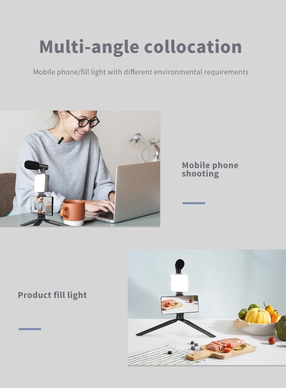 Multi-angle collocation  
Mobile phone/fill light with different environmental requirements  

Mobile phone shooting  

Product fill light