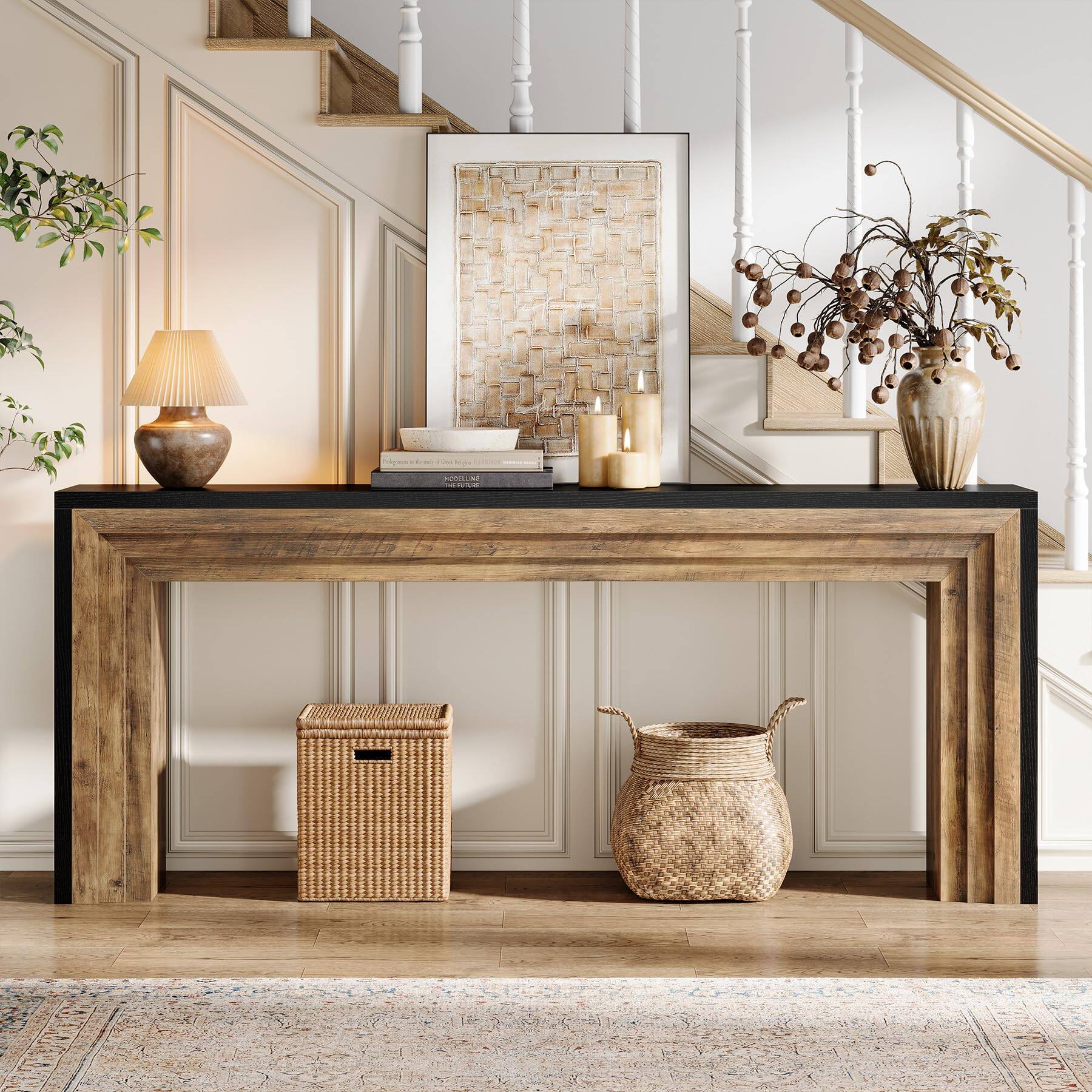 Back. Tribesigns - 70.9-Inch Long Console Table, Farmhouse Narrow Wooden Sofa Table Behind The Couch for Living Room, Entryway, Hallway, Fo - Black + Brown.