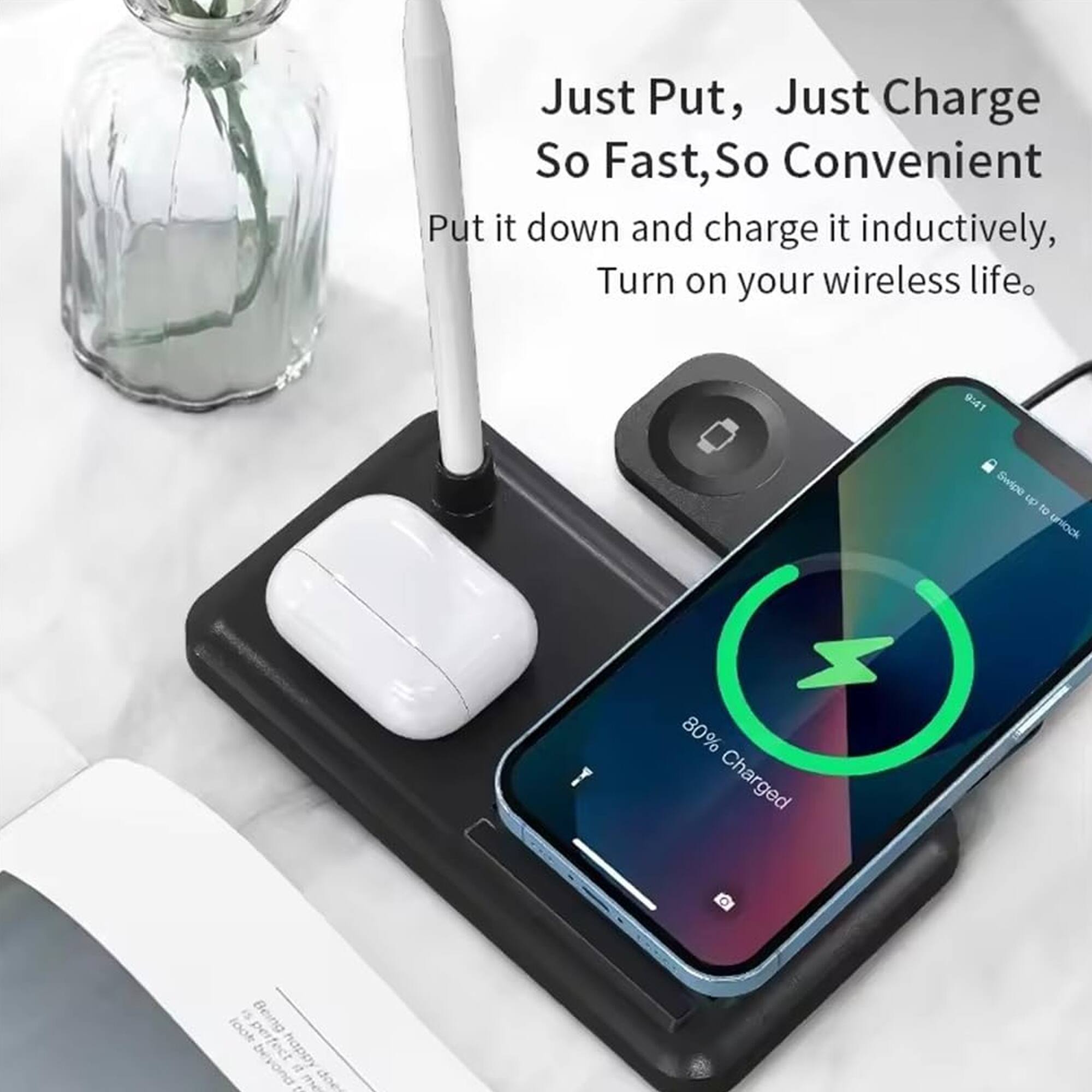 Just Put, Just Charge  
So Fast, So Convenient  

Put it down and charge it inductively,  
Turn on your wireless life.  

Swipe up to unlock  

9:21  
80% Charged  

perfect  
Being puota happy - doe