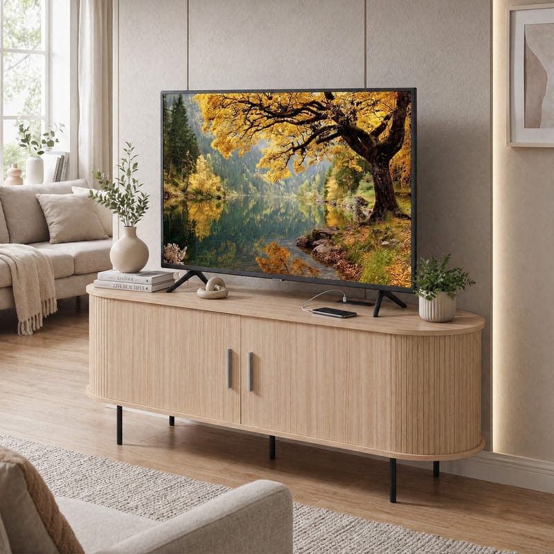 Front. WELLFOR - 55" Fluted TV Stand for TVs up to 60", Mid Century Curved Entertainment Center - Natural.