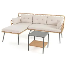 Costway - 3 PCS Corner Patio Furniture Cushioned Sofa Set with Small Coffee Table Outdoor - Light Brown,Beige