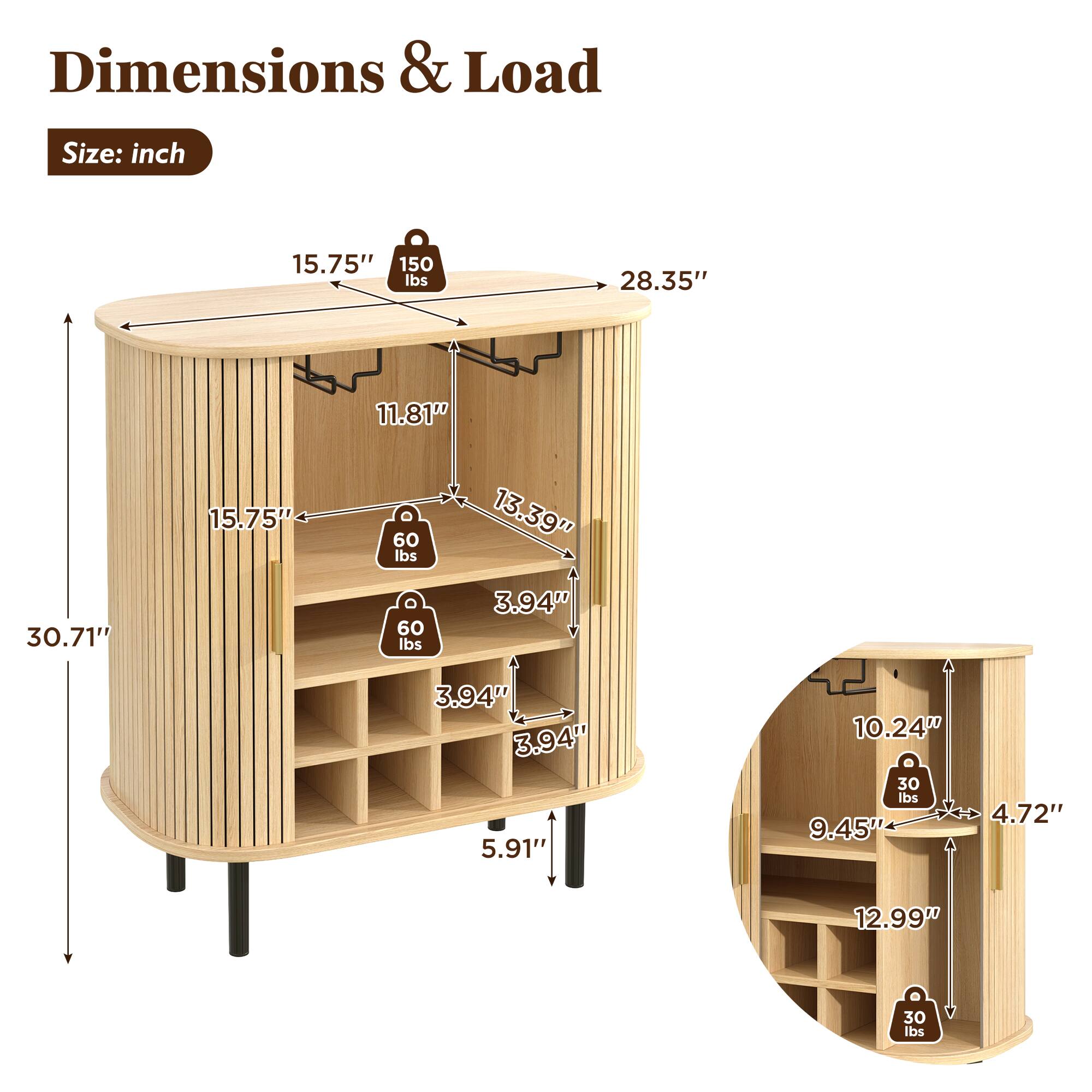 Dimensions & Load Size:  
- 15.75" x 11.81" x 15.75" - 150 lbs  
- 13.39" x 30.71" x 3.94" - 60 lbs  
- 3.94" x 3.94" x 5.91" - 30 lbs  
- 9.45" x 4.72" x 12.99" - 30 lbs