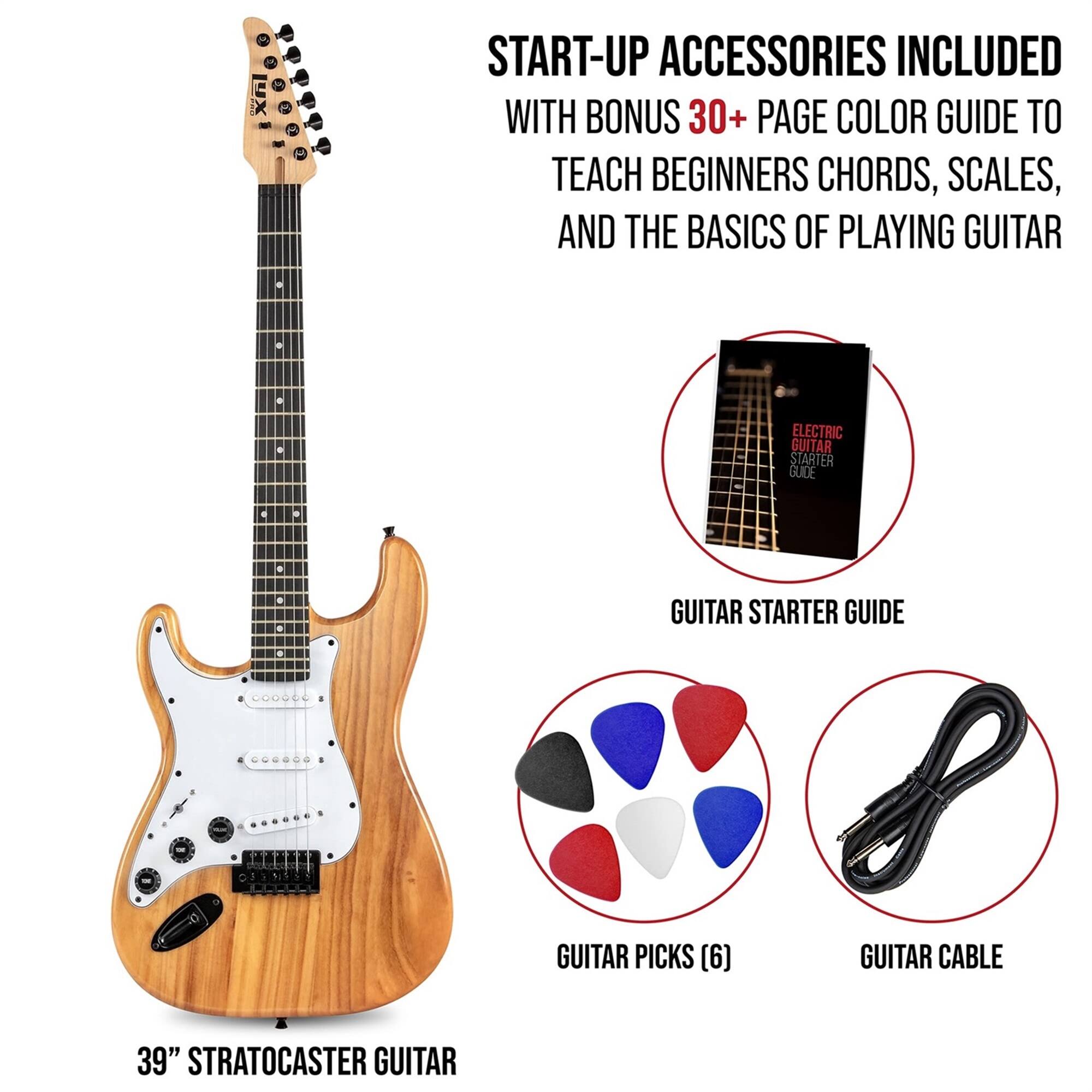 START-UP ACCESSORIES INCLUDED WITH BONUS 30+ PAGE COLOR GUIDE TO TEACH BEGINNERS CHORDS, SCALES, AND THE BASICS OF PLAYING GUITAR

- GUITAR STARTER GUIDE
- GUITAR PICKS (6)
- GUITAR CABLE

39" STRATOCASTER GUITAR