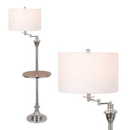 Jonathan Y - Cora 60" Modern Metal LED Floor Lamp with Integrated Wood Side Table and Swing Arm - Chrome/Brown Wood