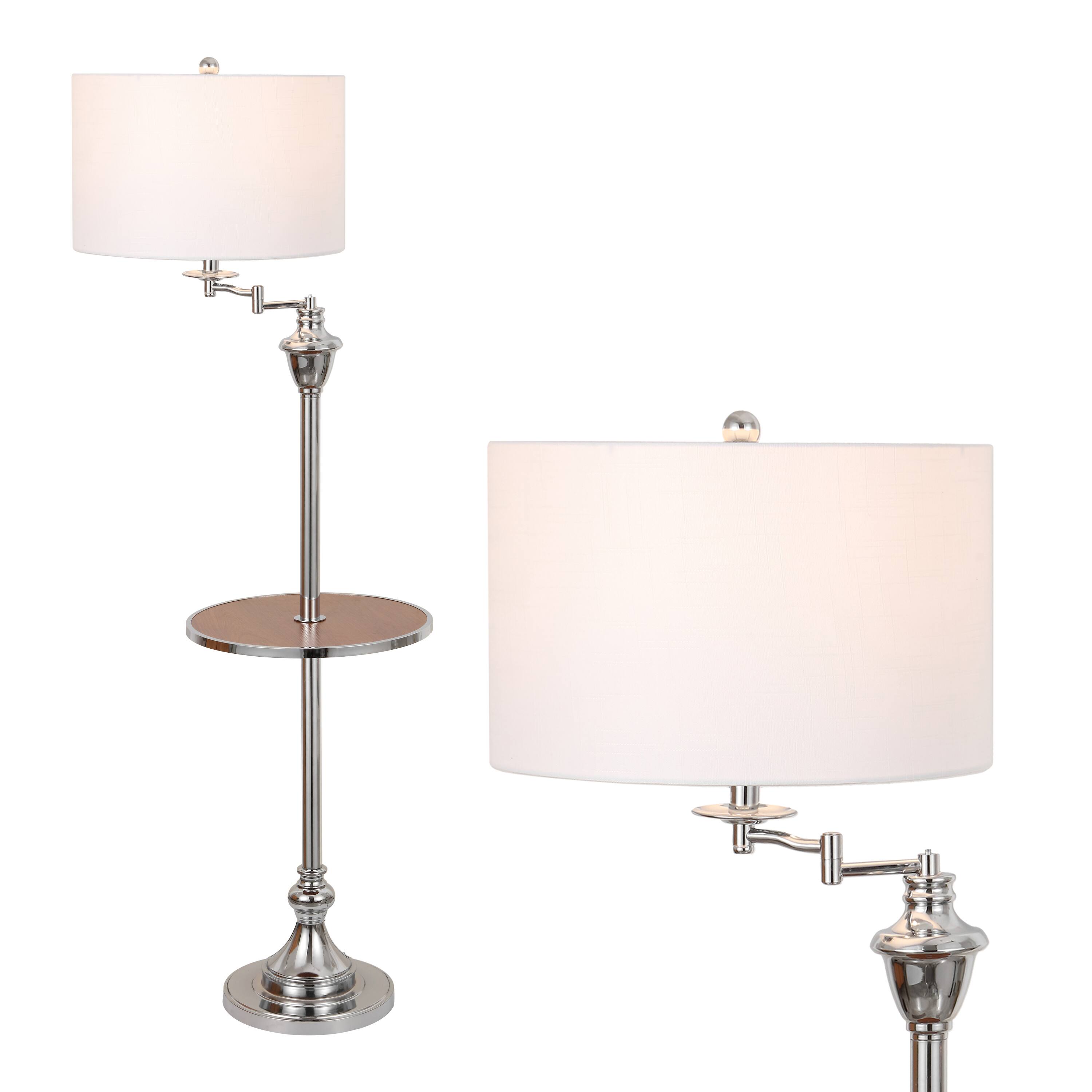 Front. Jonathan Y - Cora 60" Modern Metal LED Floor Lamp with Integrated Wood Side Table and Swing Arm, Chrome/Brown Wood - Chrome/Brown Wood.